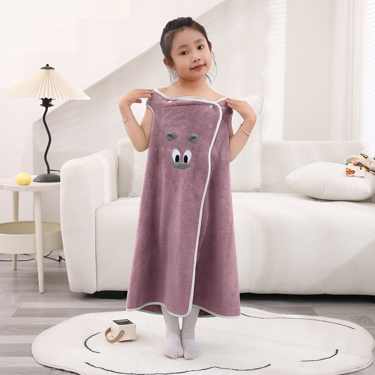 HOUSSE Cat Face Bath Dress for Kids 350 GSM – Wearable Spa Bathdress (65×110 cm) Soft Absorbent Quick-Dry Wrapped Bath Dress for Girls Age (7-9 Years) Gift for Daughter- Ivory Sand