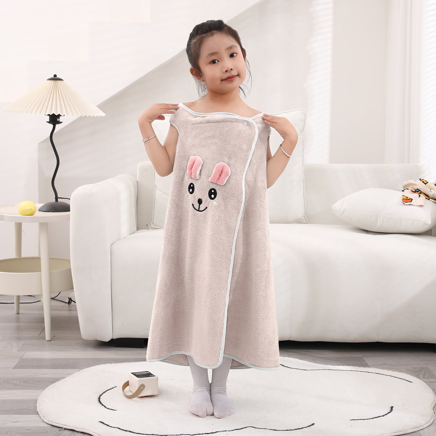 HOUSSE Cat Face Bath Dress for Kids 350 GSM – Wearable Spa Bathdress (65×110 cm) Soft Absorbent Quick-Dry Wrapped Bath Dress for Girls Age (7-9 Years) Gift for Daughter- Ivory Sand