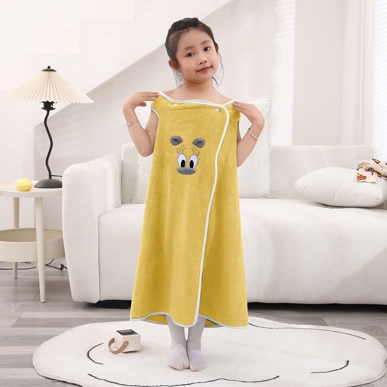 HOUSSE Cat Face Bath Dress for Kids 350 GSM – Wearable Spa Bathdress (65×110 cm) Soft Absorbent Quick-Dry Wrapped Bath Dress for Girls Age (7-9 Years) Gift for Daughter- Ivory Sand
