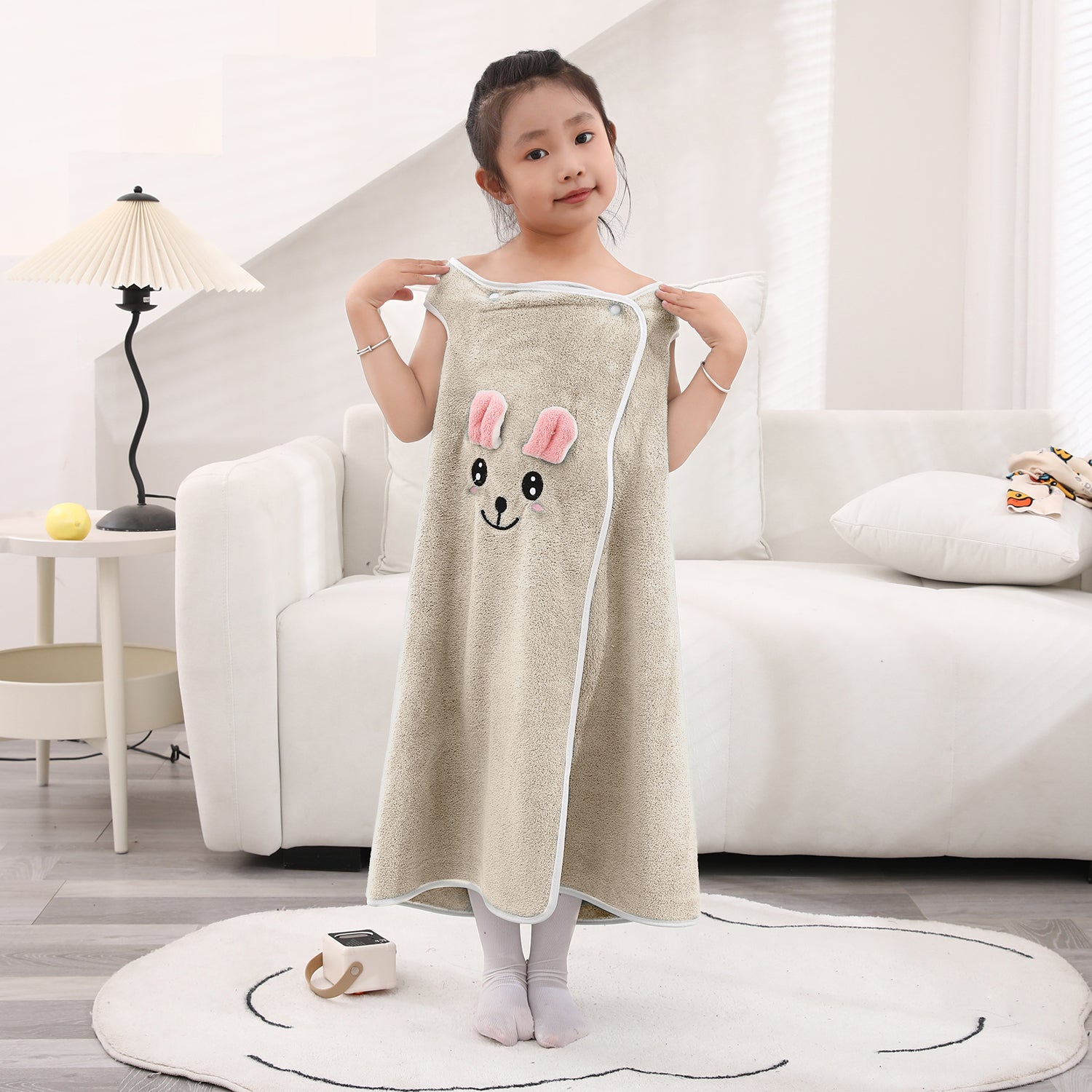 HOUSSE Cat Face Bath Dress for Kids 350 GSM – Wearable Spa Bathdress (65×110 cm) Soft Absorbent Quick-Dry Wrapped Bath Dress for Girls Age (7-9 Years) Gift for Daughter- Ivory Sand