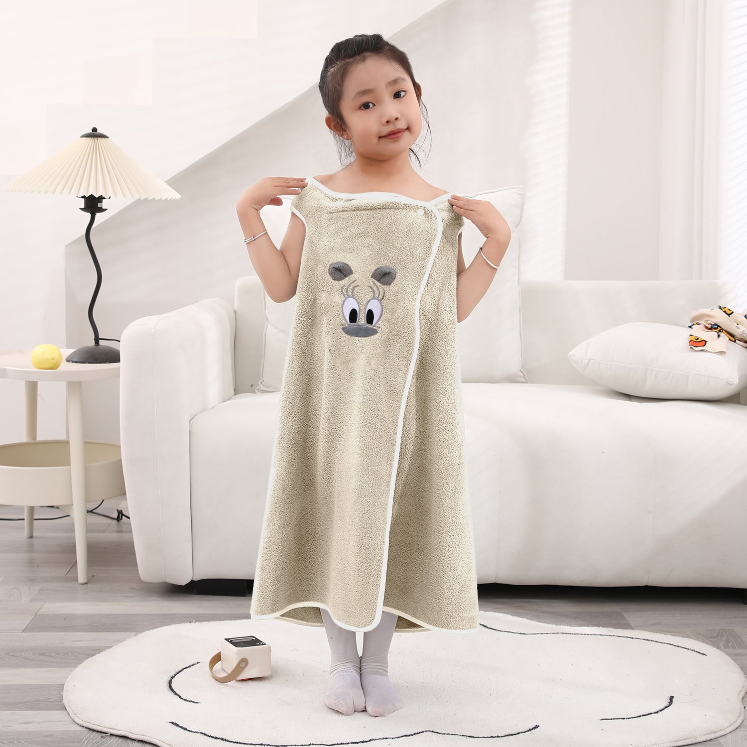 HOUSSE Cat Face Bath Dress for Kids 350 GSM – Wearable Spa Bathdress (65×110 cm) Soft Absorbent Quick-Dry Wrapped Bath Dress for Girls Age (7-9 Years) Gift for Daughter- Ivory Sand