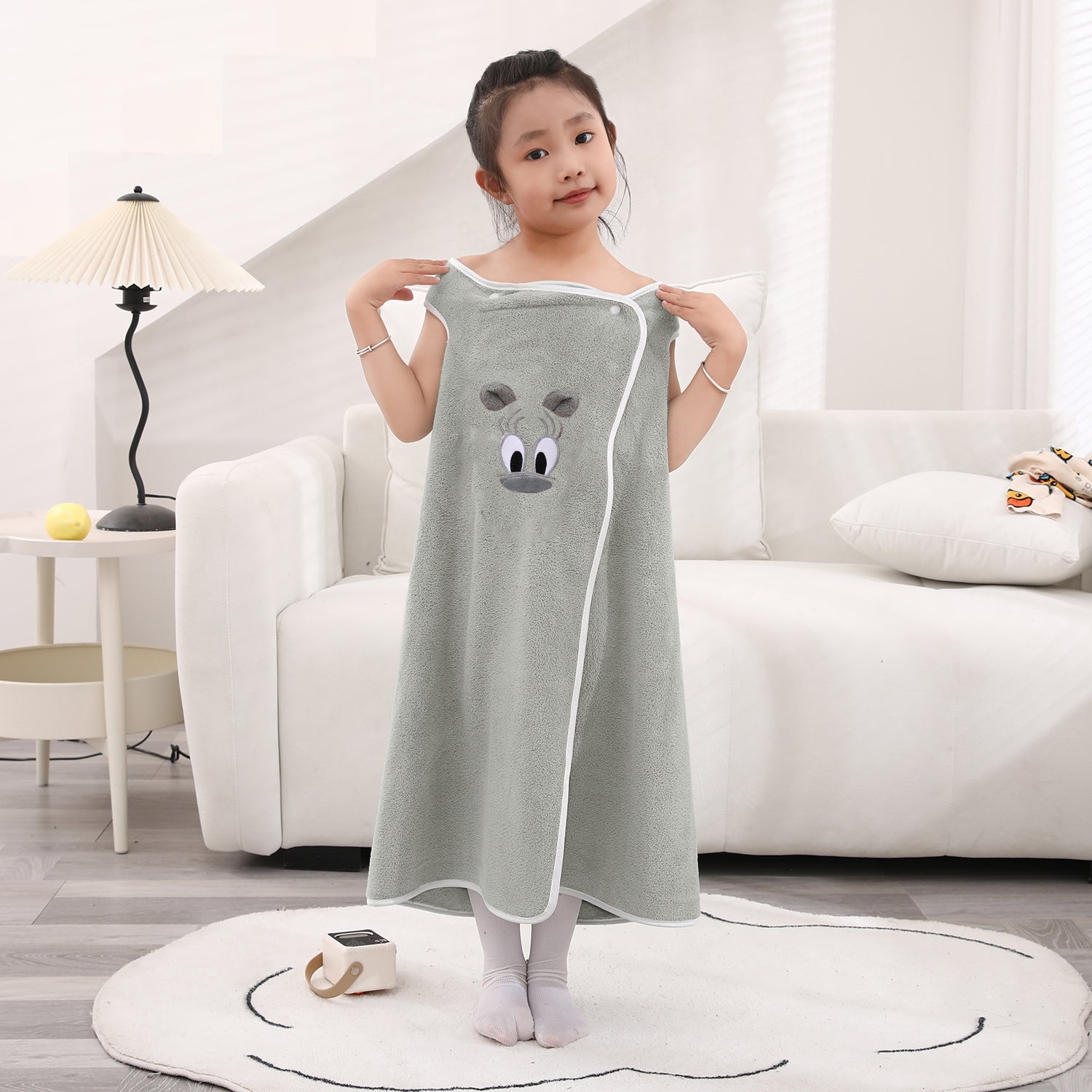 HOUSSE Cat Face Bath Dress for Kids 350 GSM – Wearable Spa Bathdress (65×110 cm) Soft Absorbent Quick-Dry Wrapped Bath Dress for Girls Age (7-9 Years) Gift for Daughter- Ivory Sand