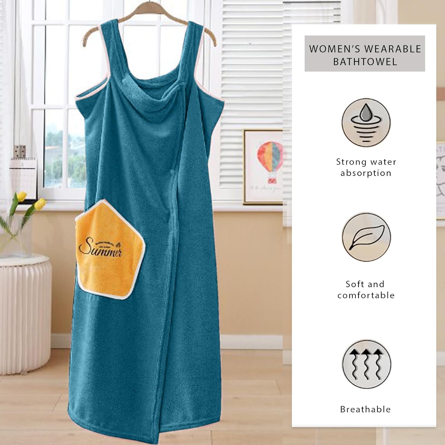 HOUSSE Wearable Spa Bath Towel for Women | Soft, Cozy Wrap with Snap Closure | 110 x 140 cm (Peacock)