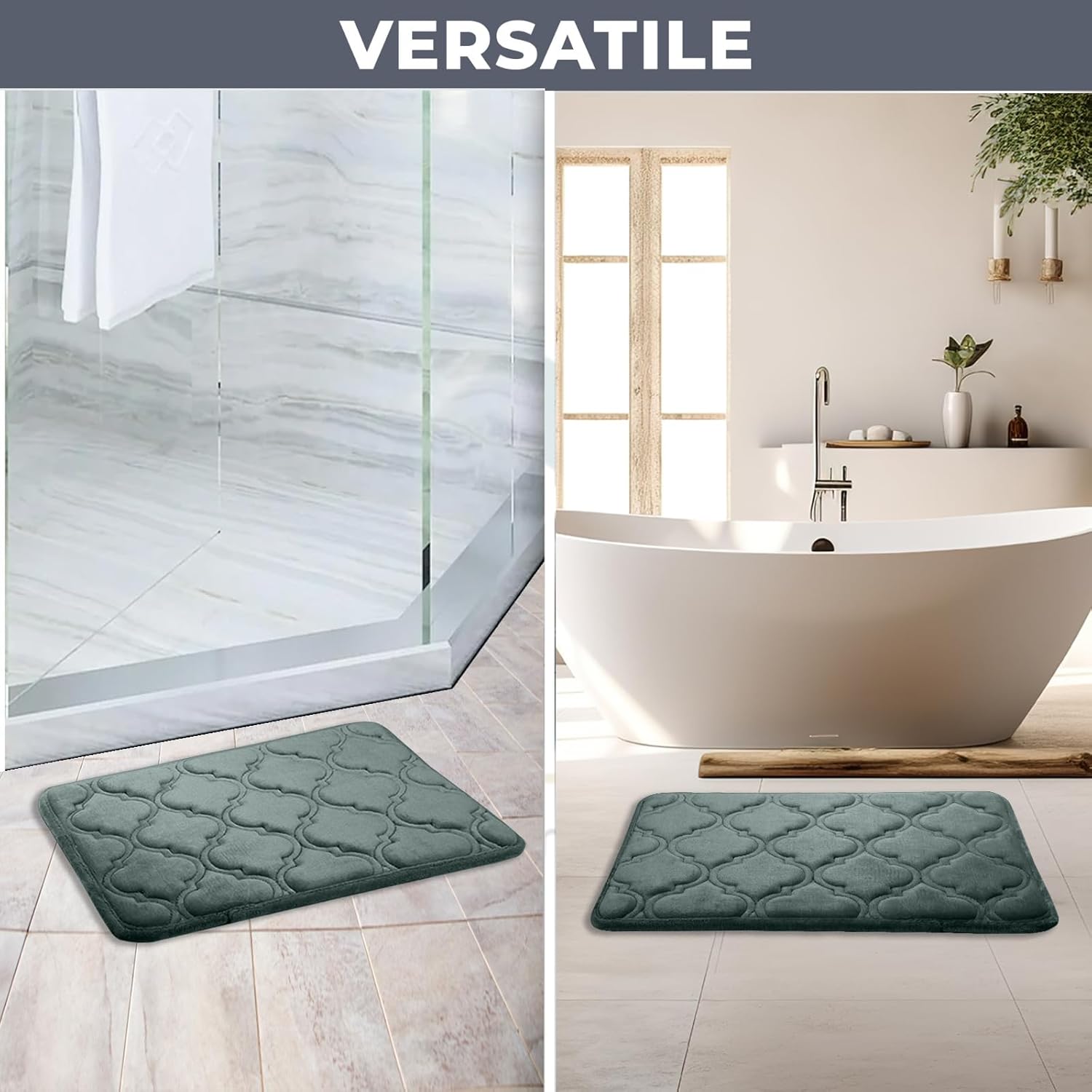 HOUSSE Microfiber Pure Comfort 300 GSM Flannel +15MM Memory Form +3D Striped Mesh Bath Mats, Non-Slip, Quick Absorbent, 40 x 60 cm Rugs,Floor Mats | Versatile Usage. (Set of 2)