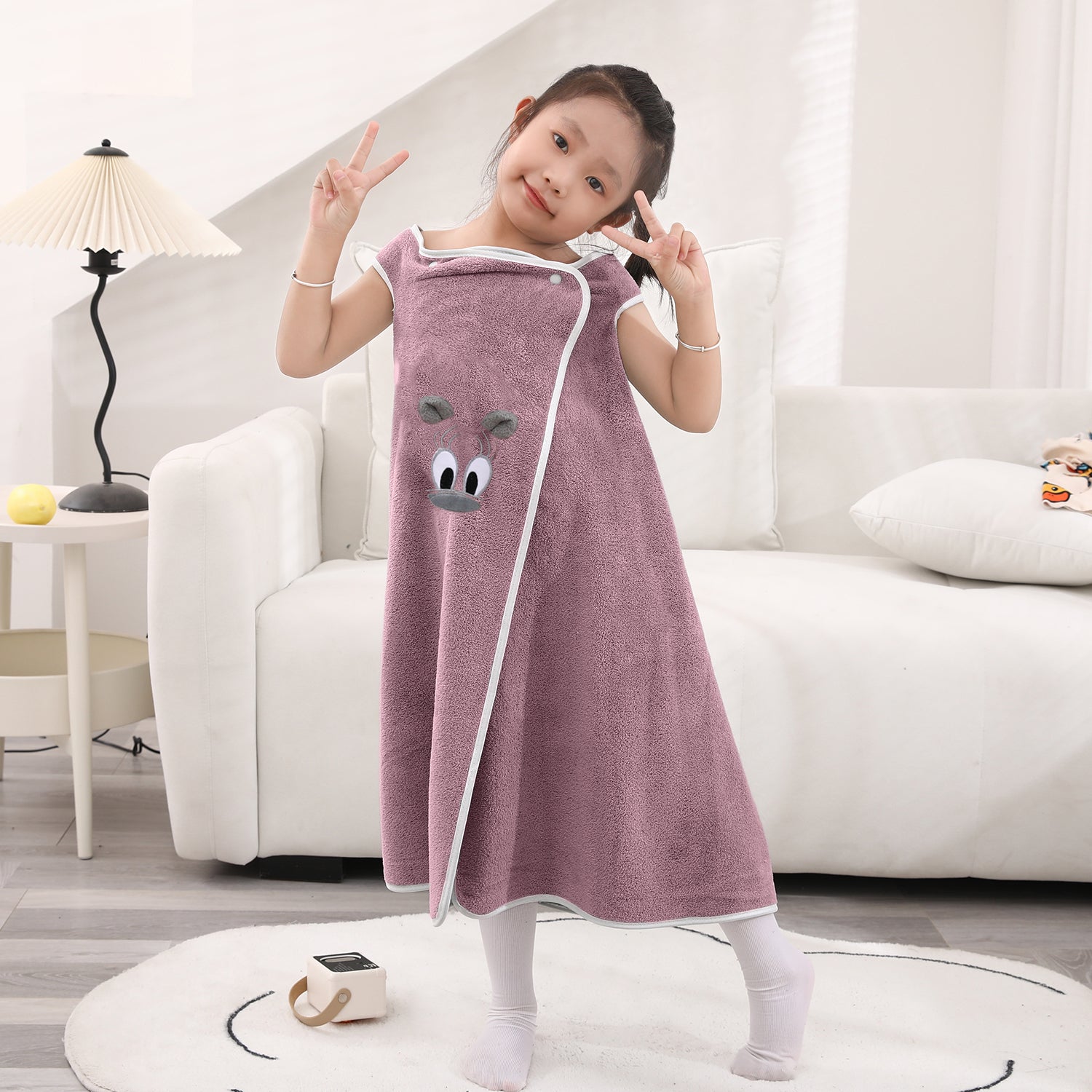 HOUSSE Cat Face Bath Dress for Kids 350 GSM – Wearable Spa Bathdress (65×110 cm) Soft Absorbent Quick-Dry Wrapped Bath Dress for Girls Age (7-9 Years) Gift for Daughter- Ivory Sand