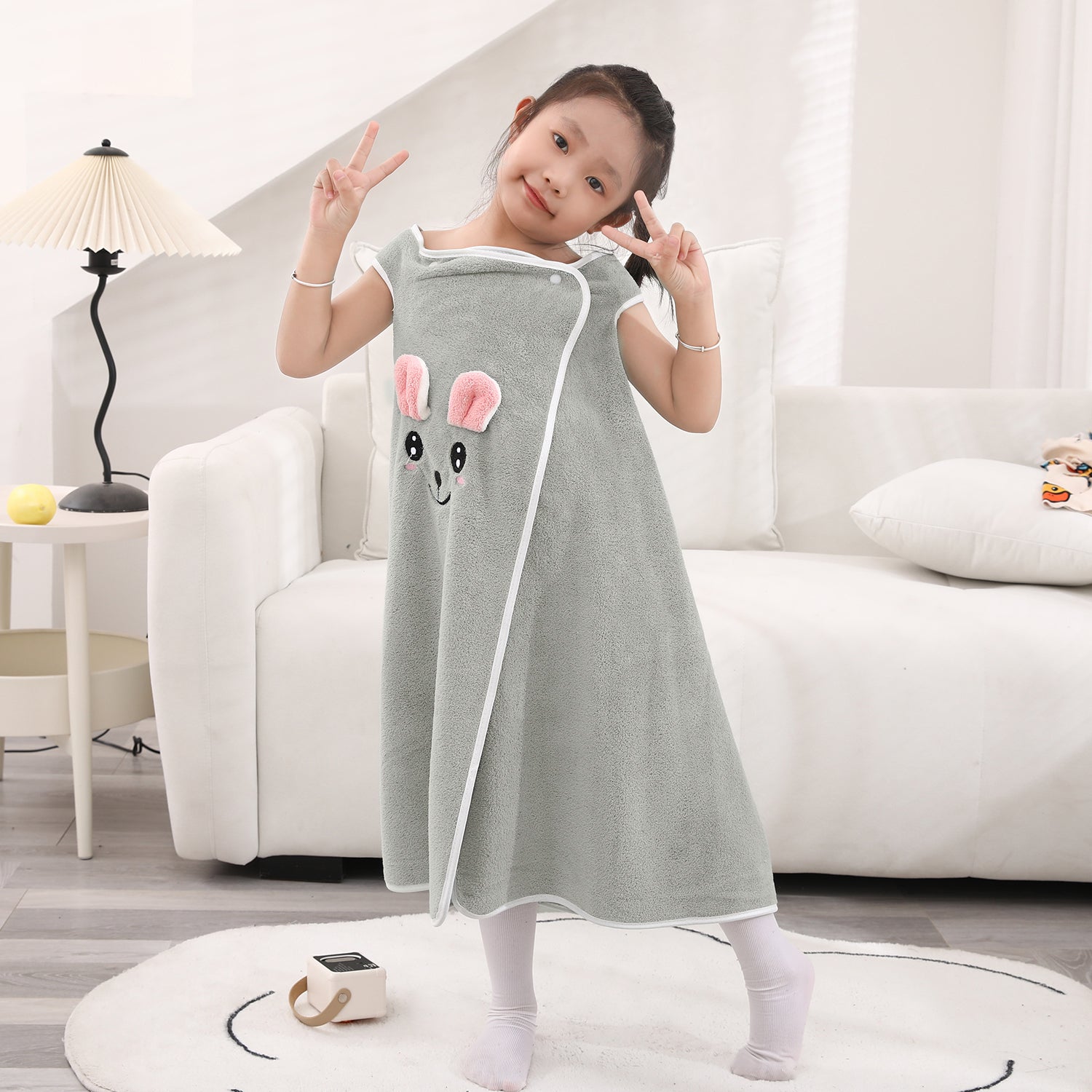 HOUSSE Cat Face Bath Dress for Kids 350 GSM – Wearable Spa Bathdress (65×110 cm) Soft Absorbent Quick-Dry Wrapped Bath Dress for Girls Age (7-9 Years) Gift for Daughter- Ivory Sand