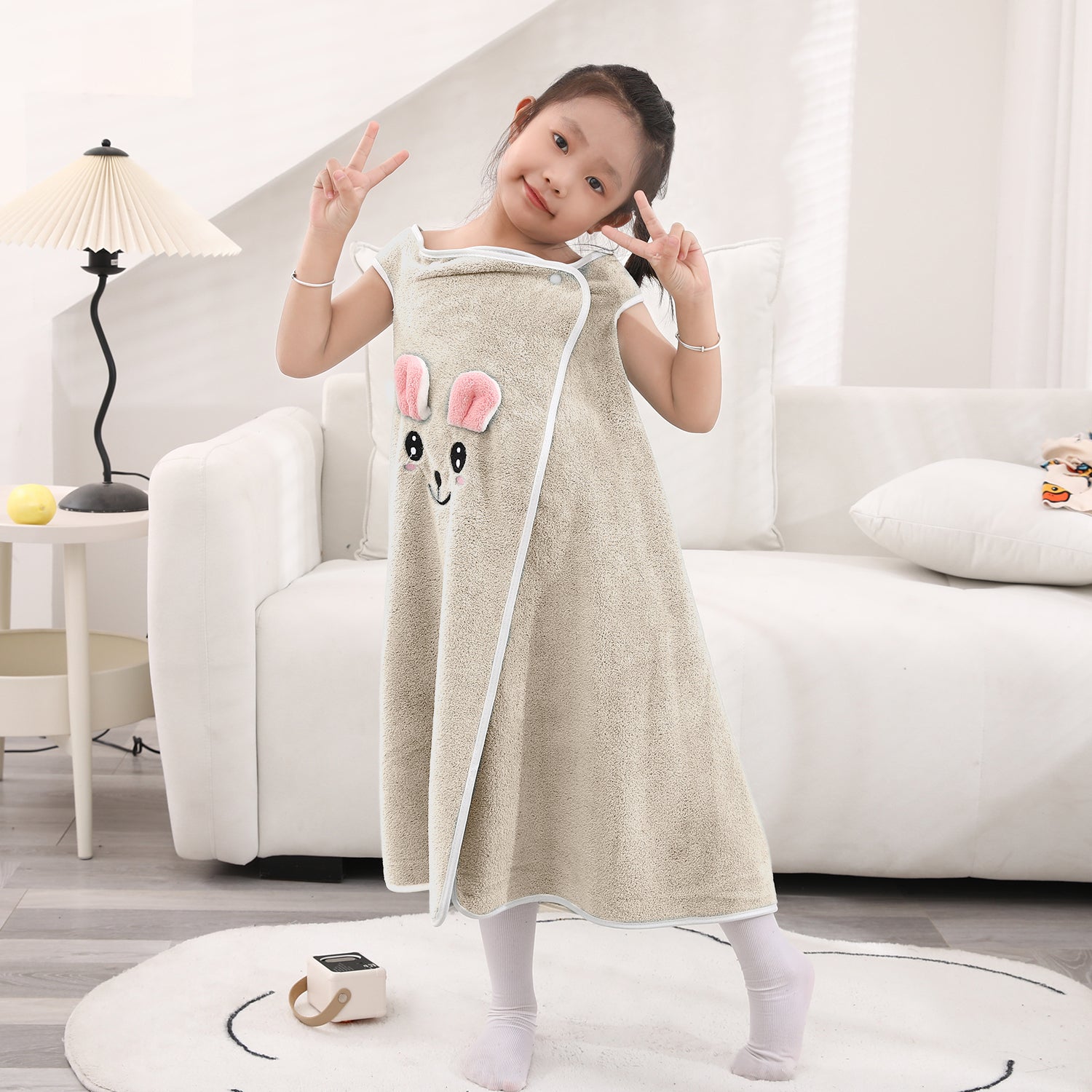 HOUSSE Cat Face Bath Dress for Kids 350 GSM – Wearable Spa Bathdress (65×110 cm) Soft Absorbent Quick-Dry Wrapped Bath Dress for Girls Age (7-9 Years) Gift for Daughter- Ivory Sand