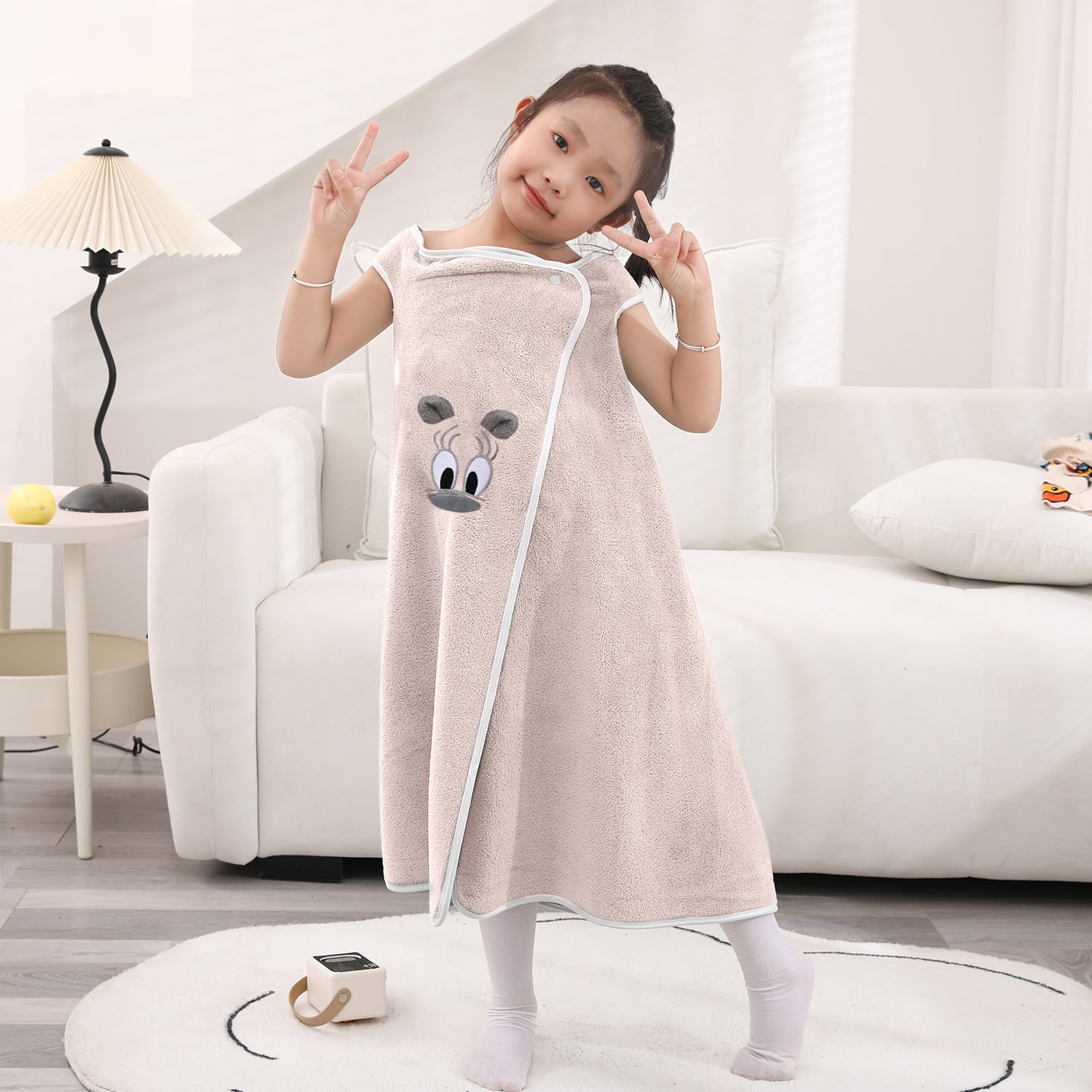 HOUSSE Cat Face Bath Dress for Kids 350 GSM – Wearable Spa Bathdress (65×110 cm) Soft Absorbent Quick-Dry Wrapped Bath Dress for Girls Age (7-9 Years) Gift for Daughter- Ivory Sand