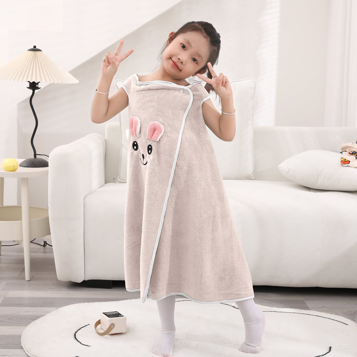 HOUSSE Cat Face Bath Dress for Kids 350 GSM – Wearable Spa Bathdress (65×110 cm) Soft Absorbent Quick-Dry Wrapped Bath Dress for Girls Age (7-9 Years) Gift for Daughter- Ivory Sand