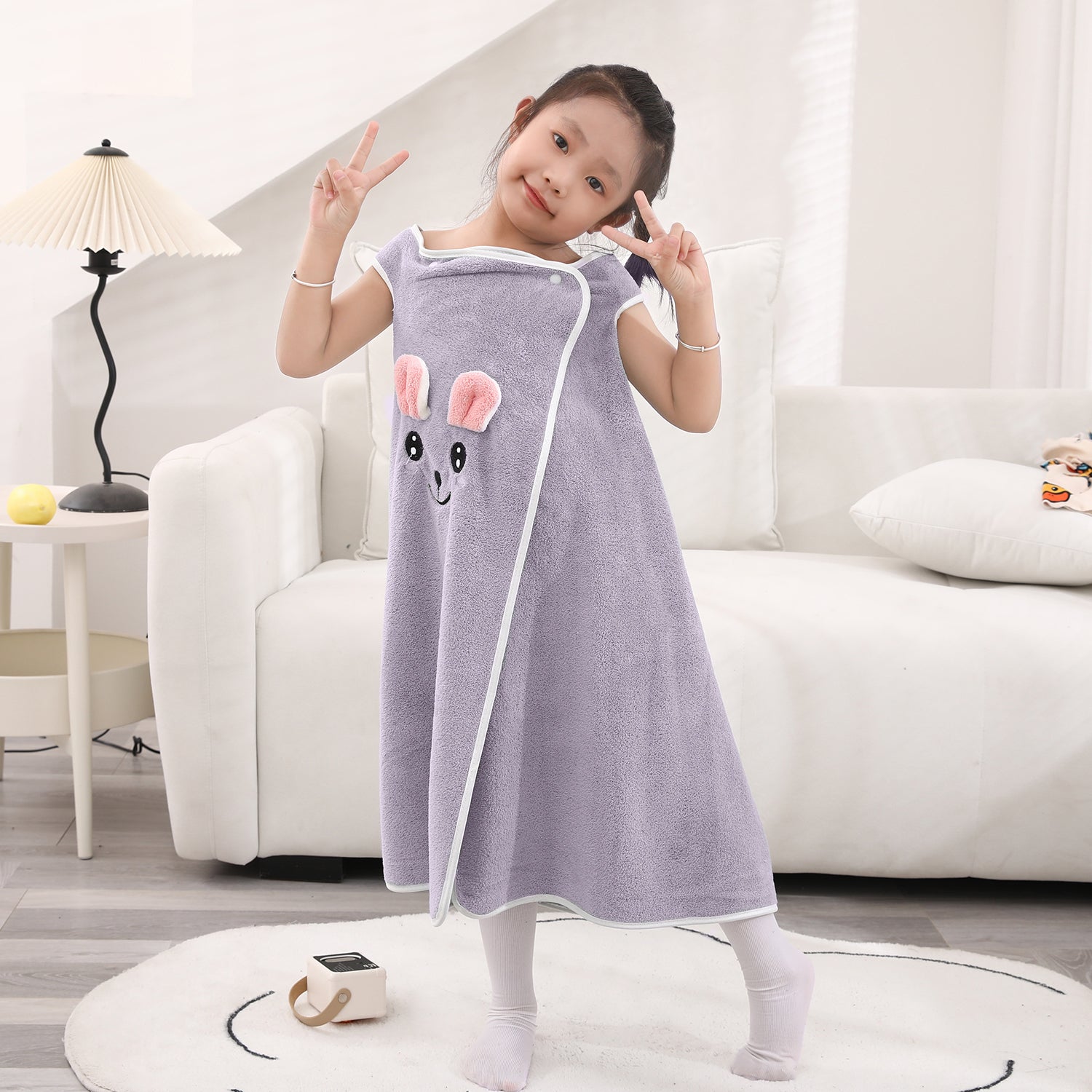 HOUSSE Cat Face Bath Dress for Kids 350 GSM – Wearable Spa Bathdress (65×110 cm) Soft Absorbent Quick-Dry Wrapped Bath Dress for Girls Age (7-9 Years) Gift for Daughter- Ivory Sand