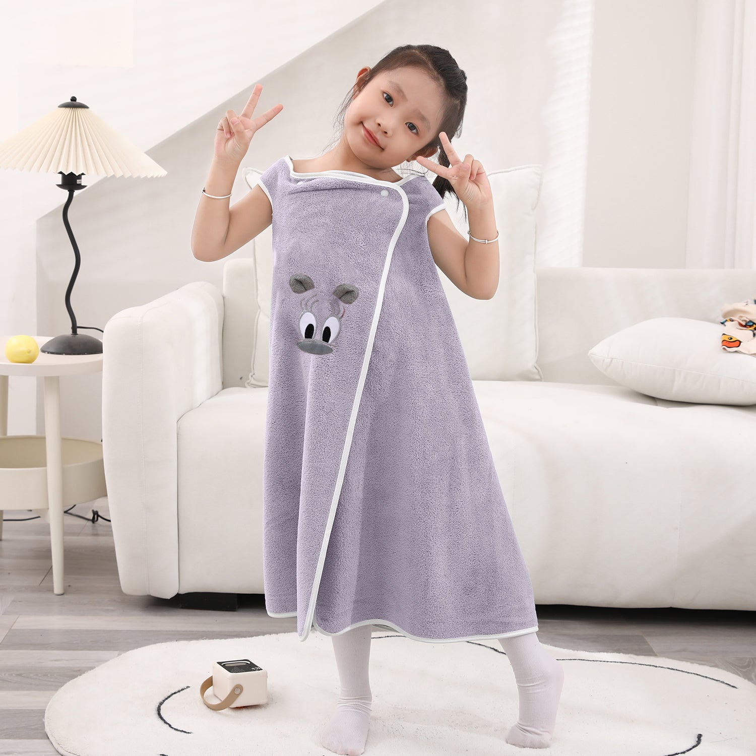 HOUSSE Cat Face Bath Dress for Kids 350 GSM – Wearable Spa Bathdress (65×110 cm) Soft Absorbent Quick-Dry Wrapped Bath Dress for Girls Age (7-9 Years) Gift for Daughter- Ivory Sand