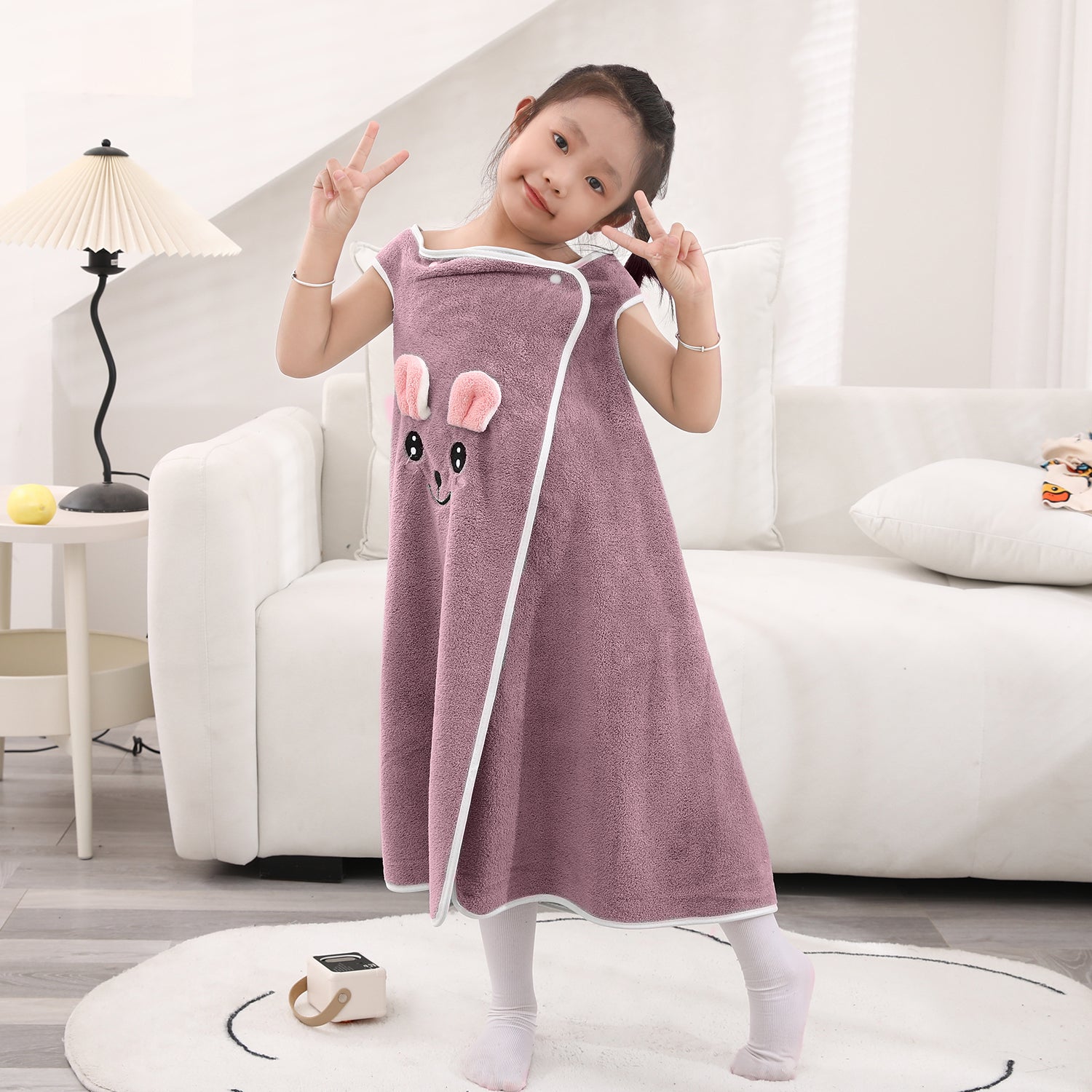HOUSSE Cat Face Bath Dress for Kids 350 GSM – Wearable Spa Bathdress (65×110 cm) Soft Absorbent Quick-Dry Wrapped Bath Dress for Girls Age (7-9 Years) Gift for Daughter- Ivory Sand