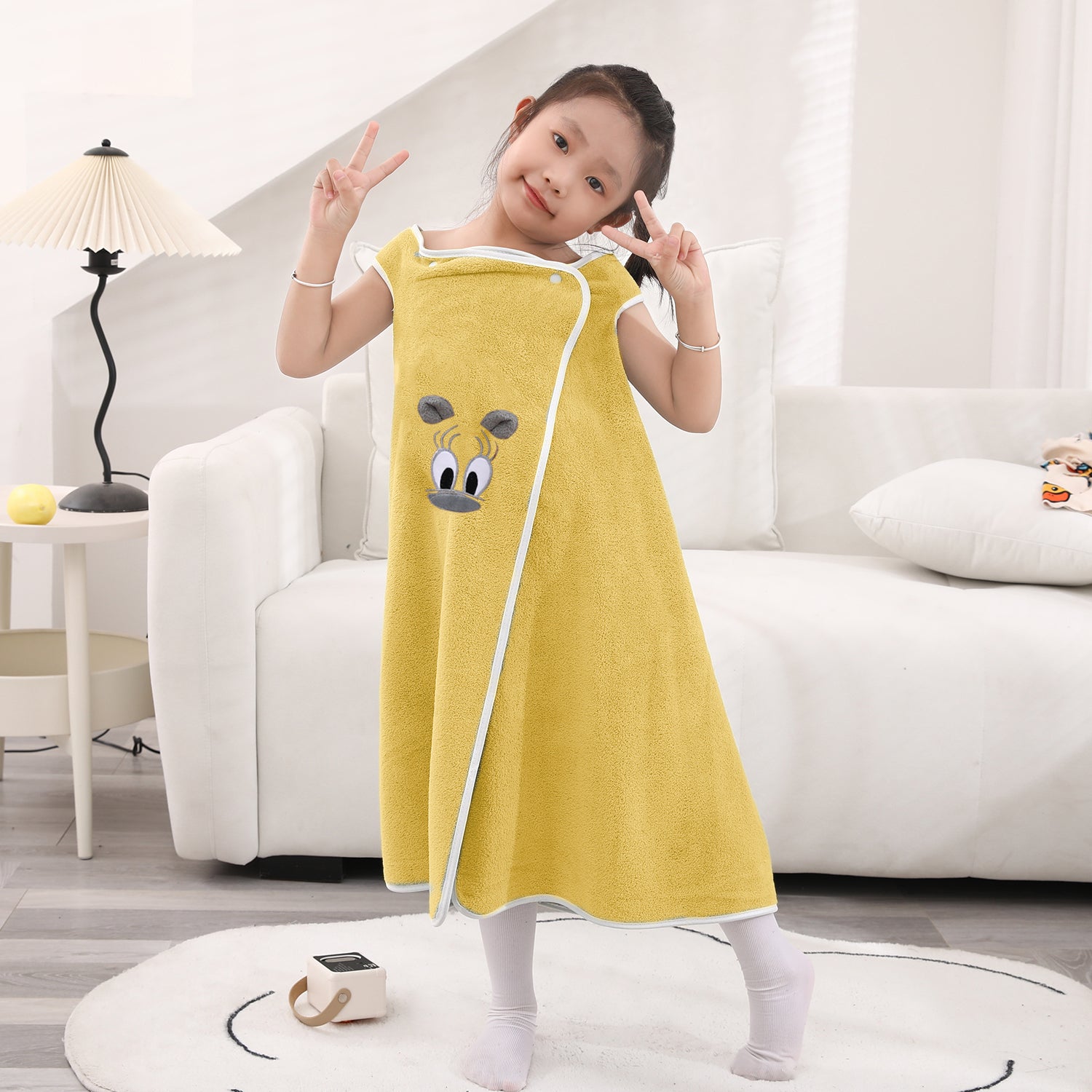 HOUSSE Cat Face Bath Dress for Kids 350 GSM – Wearable Spa Bathdress (65×110 cm) Soft Absorbent Quick-Dry Wrapped Bath Dress for Girls Age (7-9 Years) Gift for Daughter- Ivory Sand