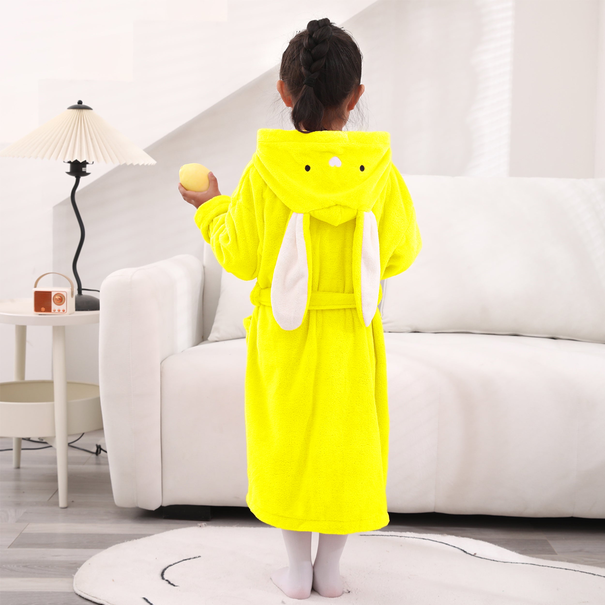HOUSSE Bunny Kids Unisex Coral Fleece Hooded Bathrobe| 360 GSM Soft, Thick with Hoodie And Belt & Cute Ears | Highly Absorbent, Lightweight & Warm | 75 cm | 08-12 Years