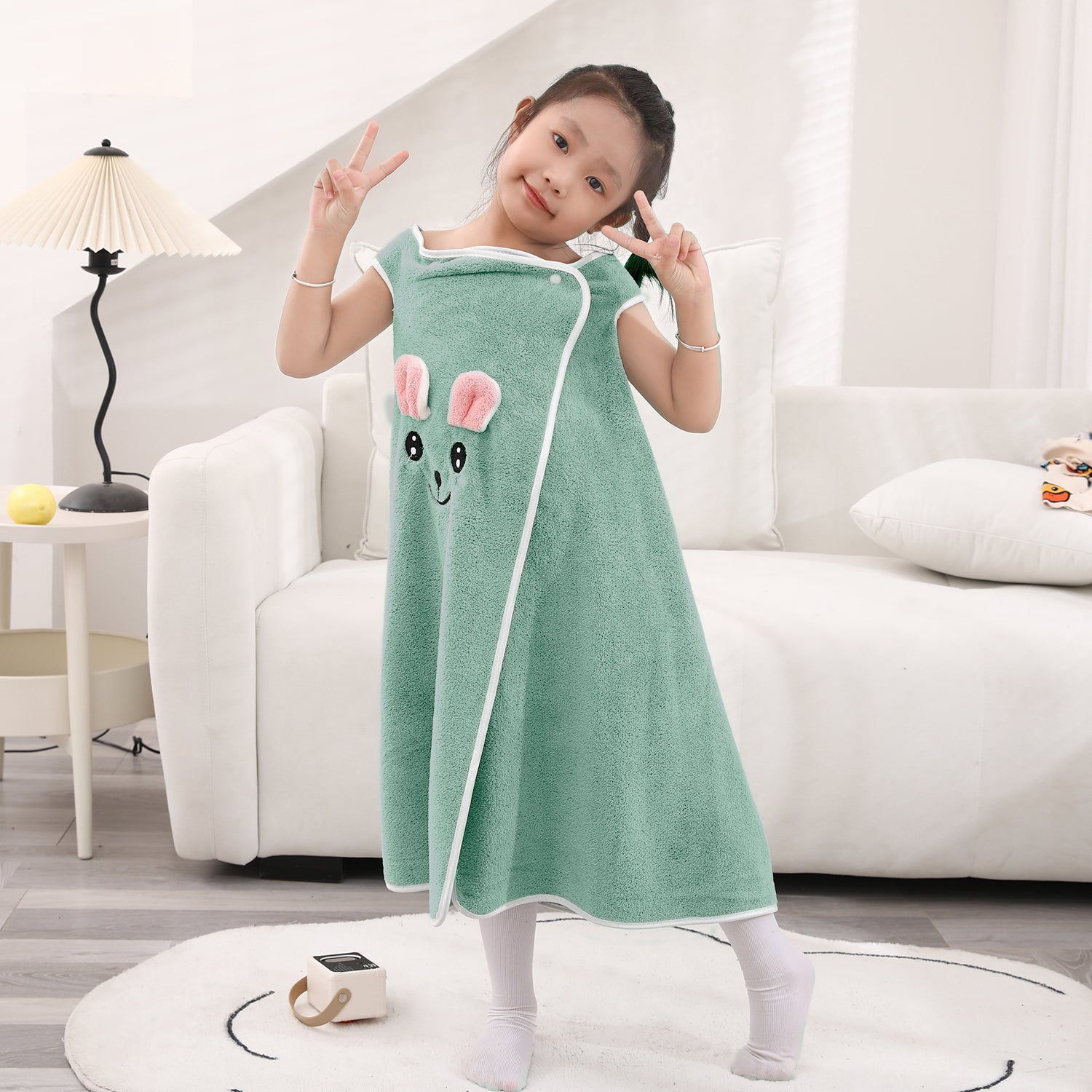 HOUSSE Cat Face Bath Dress for Kids 350 GSM – Wearable Spa Bathdress (65×110 cm) Soft Absorbent Quick-Dry Wrapped Bath Dress for Girls Age (7-9 Years) Gift for Daughter- Ivory Sand