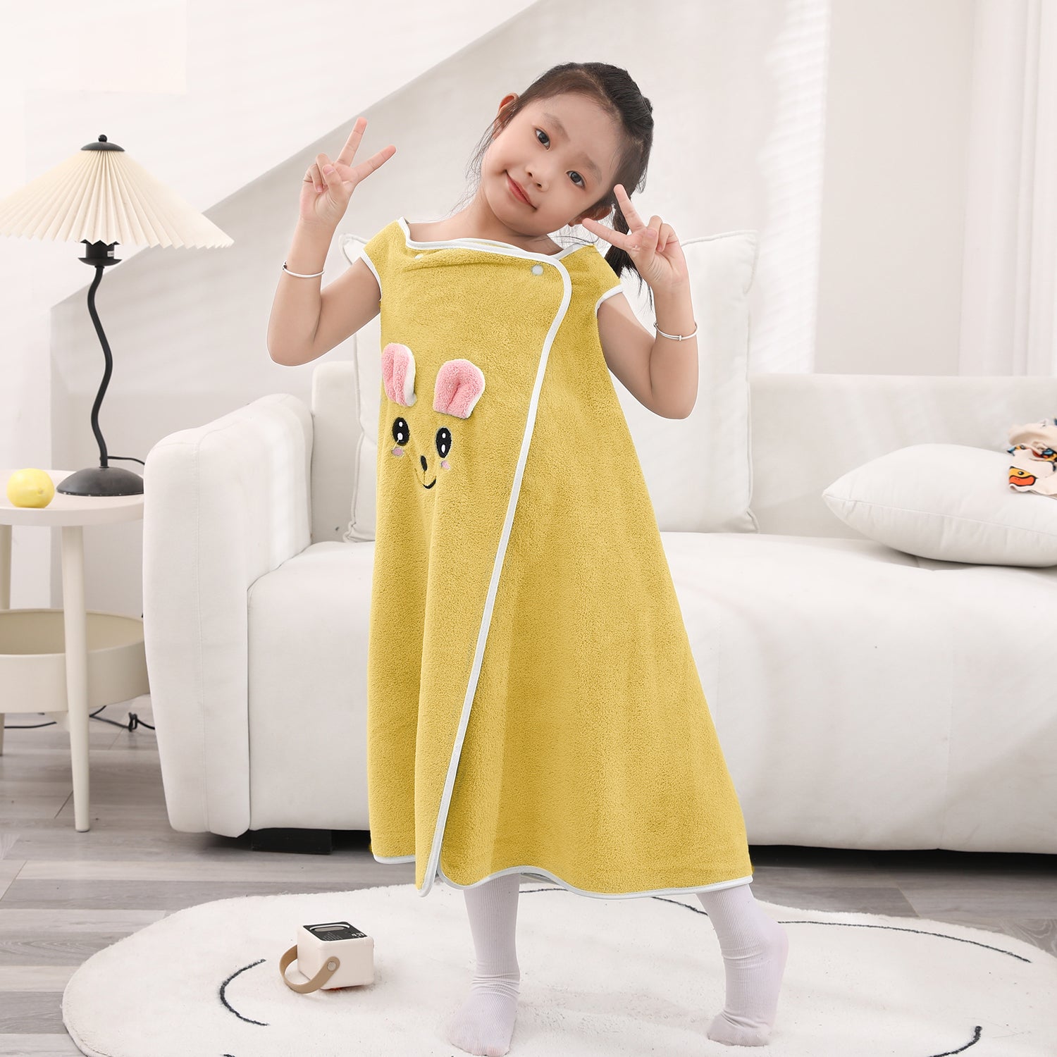 HOUSSE Cat Face Bath Dress for Kids 350 GSM – Wearable Spa Bathdress (65×110 cm) Soft Absorbent Quick-Dry Wrapped Bath Dress for Girls Age (7-9 Years) Gift for Daughter- Ivory Sand
