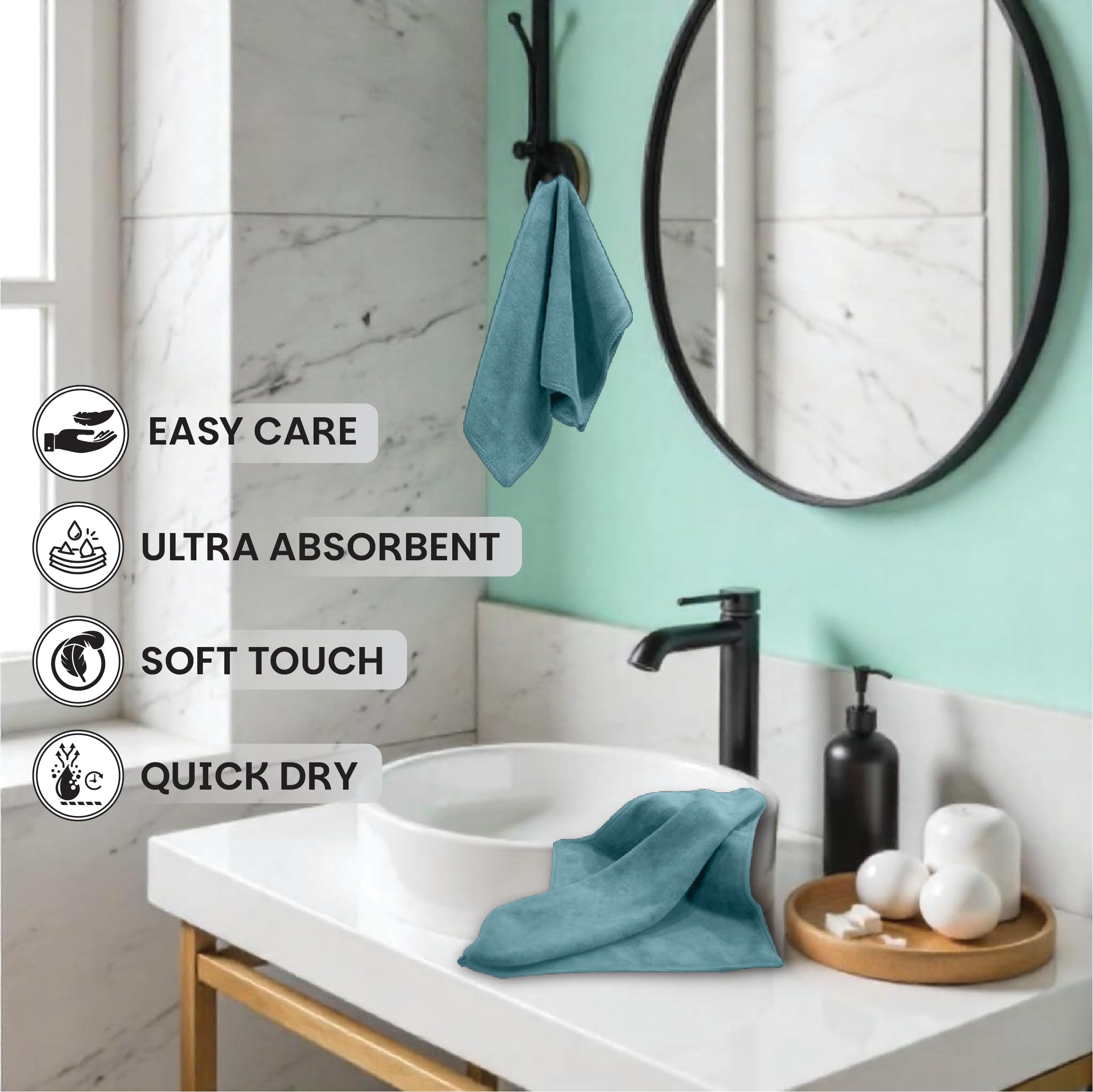 HOUSSE Microfiber Face Towels | Ultra Absorbent, Odour-Free, Quick Dry 450 GSM Face Towel for Home, Gym, Travel, Running and Personal Use | 30x30 cm | Set of 4 in One Colour (Indian Teal, Pack of 4)