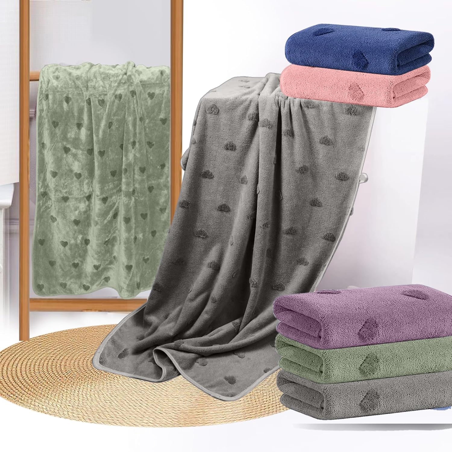 HOUSSE Microfiber Towels | Large Towels | Super Soft Coral Heart Pattern Fleece Towels, Quick-Dry | Super Absorbent with Hook Hanging | Ideal for Men & Women| 400 GSM | (Grey, 70x140 Bath Towel)