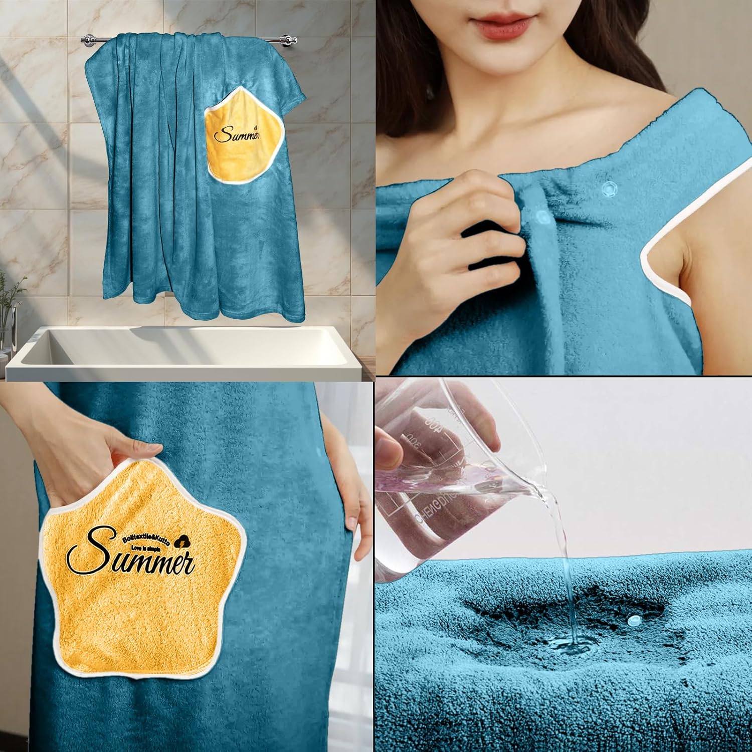HOUSSE Wearable Spa Bath Towel for Women | Soft, Cozy Wrap with Snap Closure | 110 x 140 cm (Peacock)