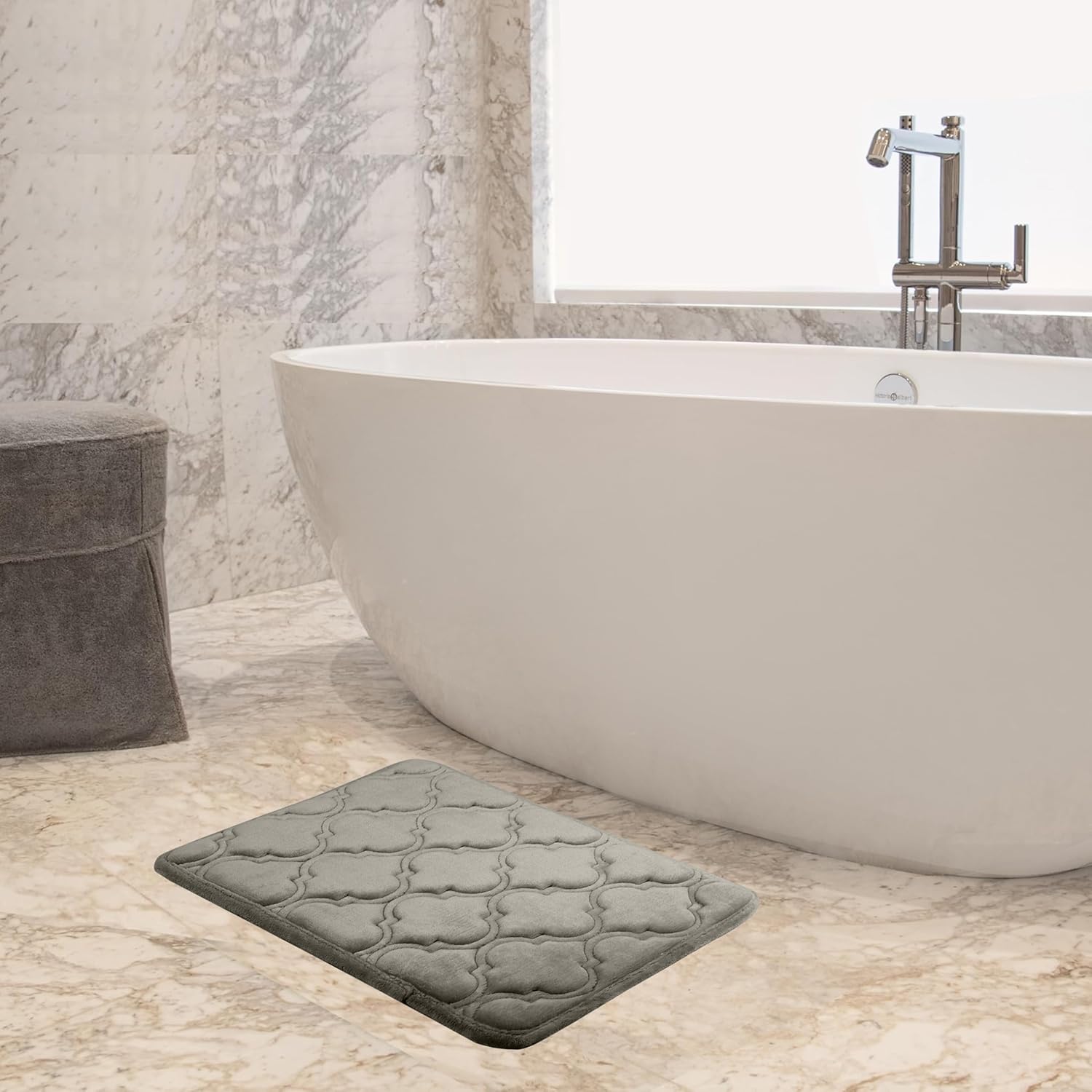HOUSSE Microfiber Pure Comfort 300 GSM Flannel +15MM Memory Form +3D Striped Mesh Bath Mats, Non-Slip, Quick Absorbent, 40 x 60 cm Rugs,Floor Mats | Versatile Usage. (Set of 2)