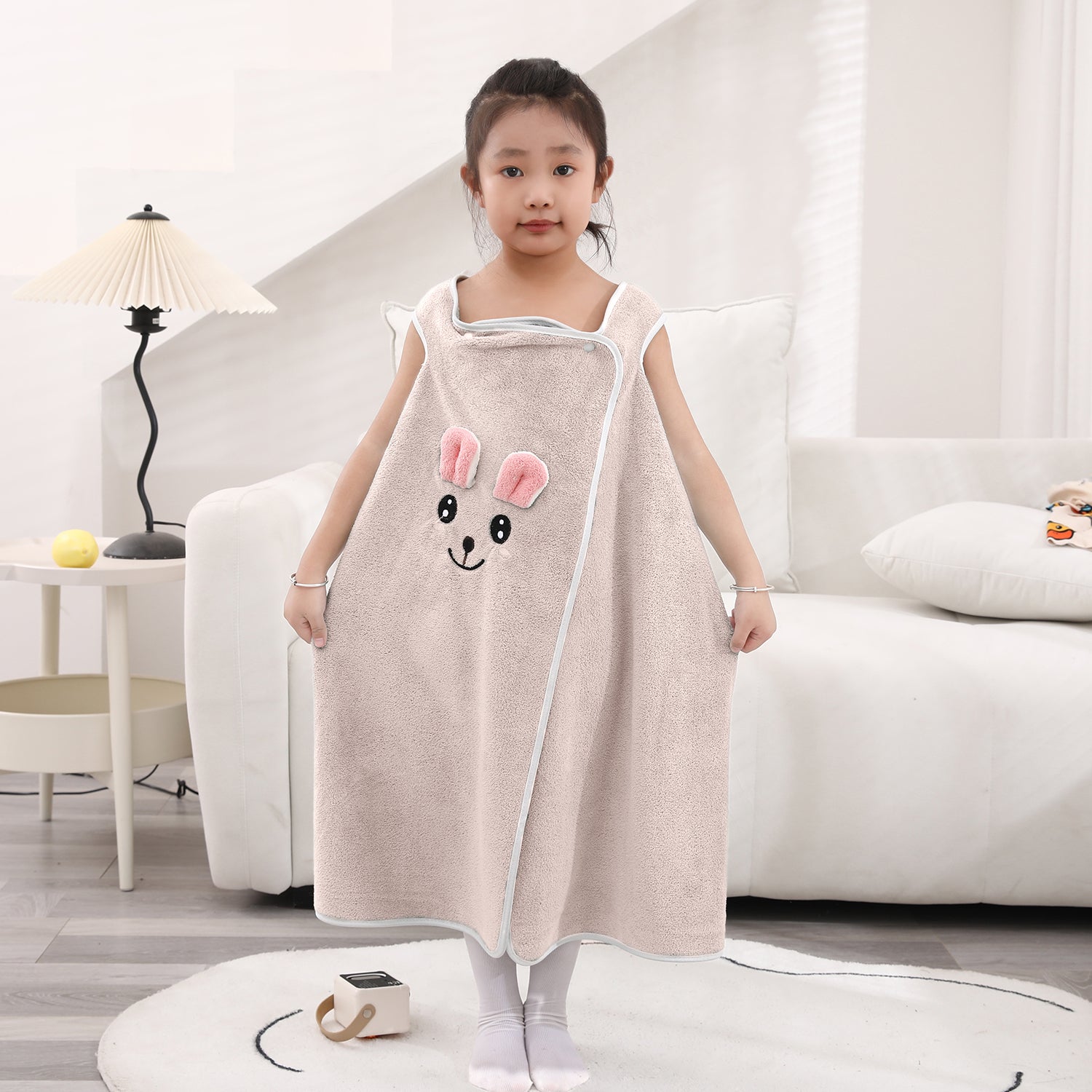 HOUSSE Cat Face Bath Dress for Kids 350 GSM – Wearable Spa Bathdress (65×110 cm) Soft Absorbent Quick-Dry Wrapped Bath Dress for Girls Age (7-9 Years) Gift for Daughter- Ivory Sand