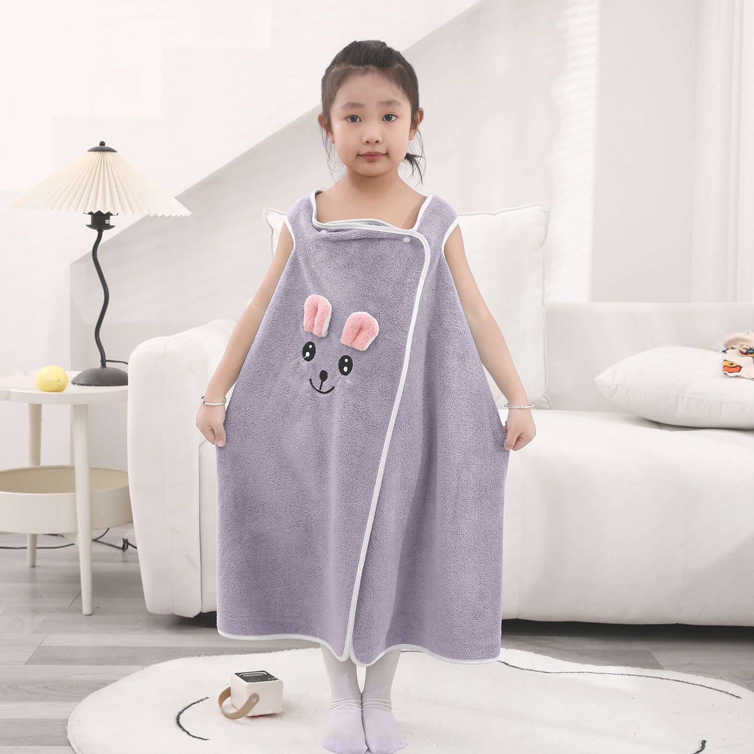 HOUSSE Cat Face Bath Dress for Kids 350 GSM – Wearable Spa Bathdress (65×110 cm) Soft Absorbent Quick-Dry Wrapped Bath Dress for Girls Age (7-9 Years) Gift for Daughter- Ivory Sand