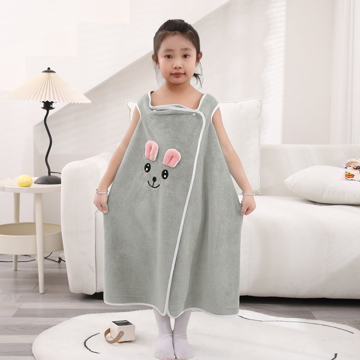 HOUSSE Cat Face Bath Dress for Kids 350 GSM – Wearable Spa Bathdress (65×110 cm) Soft Absorbent Quick-Dry Wrapped Bath Dress for Girls Age (7-9 Years) Gift for Daughter- Ivory Sand