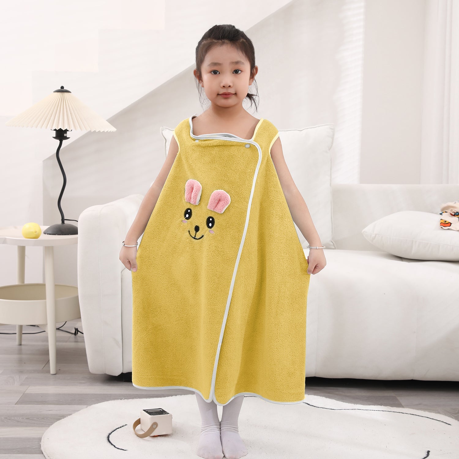 HOUSSE Cat Face Bath Dress for Kids 350 GSM – Wearable Spa Bathdress (65×110 cm) Soft Absorbent Quick-Dry Wrapped Bath Dress for Girls Age (7-9 Years) Gift for Daughter- Ivory Sand