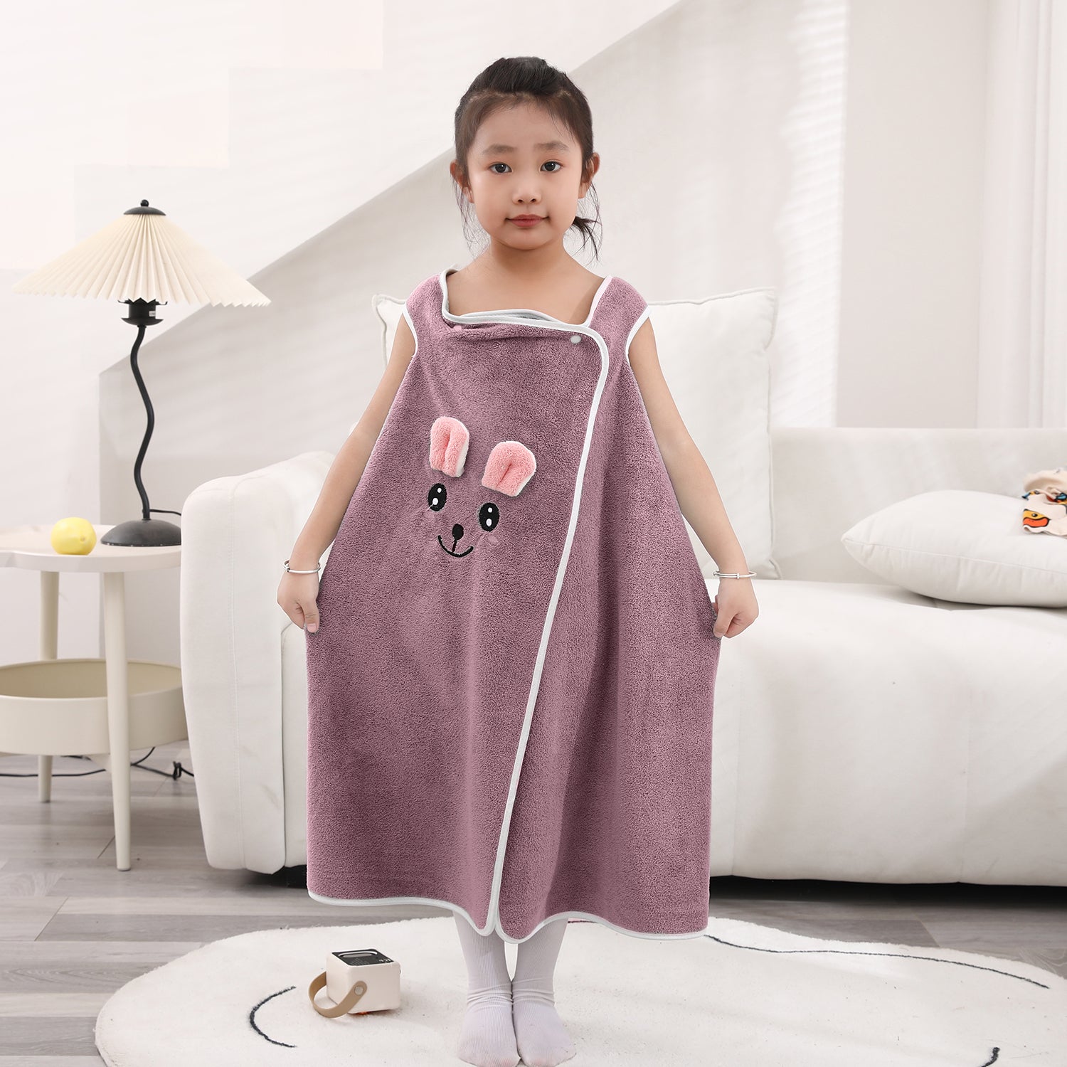 HOUSSE Cat Face Bath Dress for Kids 350 GSM – Wearable Spa Bathdress (65×110 cm) Soft Absorbent Quick-Dry Wrapped Bath Dress for Girls Age (7-9 Years) Gift for Daughter- Ivory Sand
