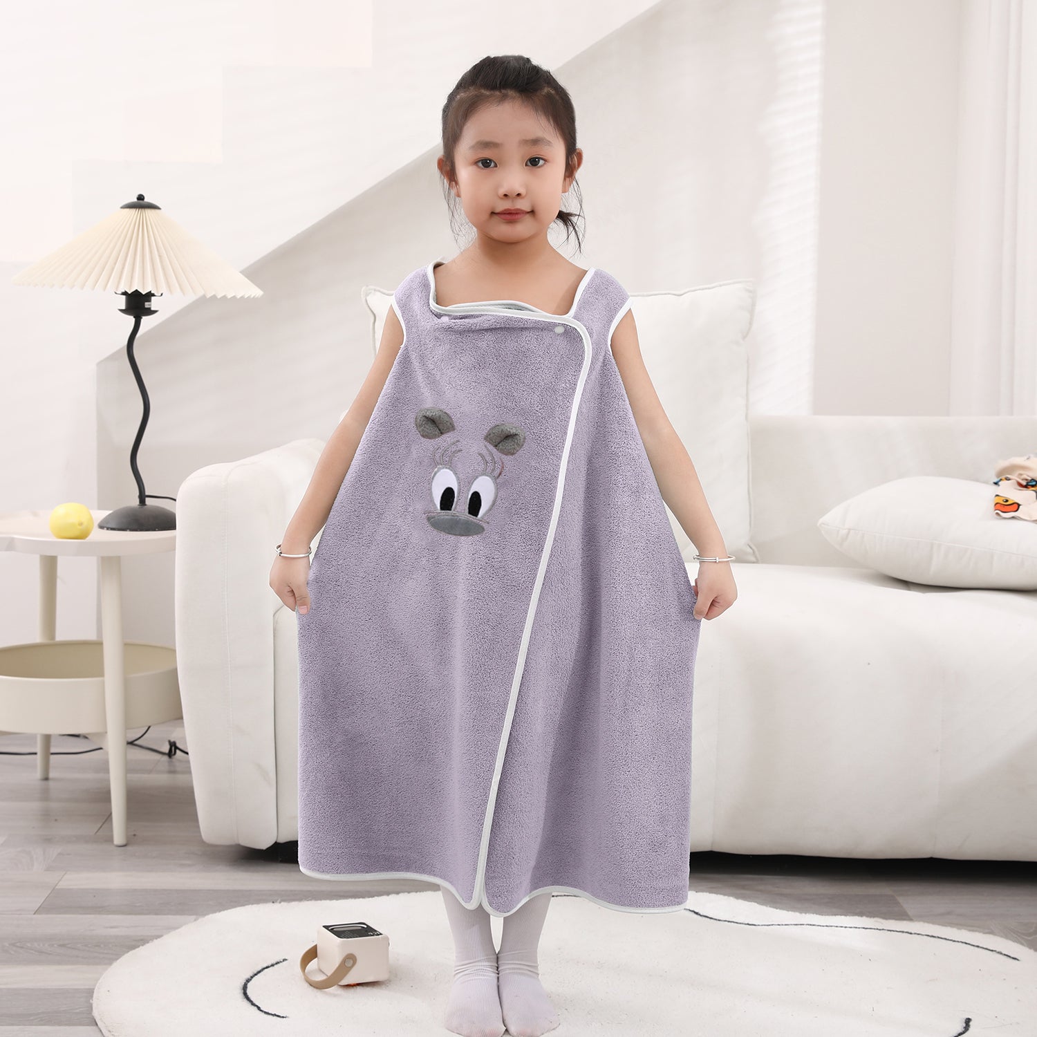 HOUSSE Cat Face Bath Dress for Kids 350 GSM – Wearable Spa Bathdress (65×110 cm) Soft Absorbent Quick-Dry Wrapped Bath Dress for Girls Age (7-9 Years) Gift for Daughter- Ivory Sand