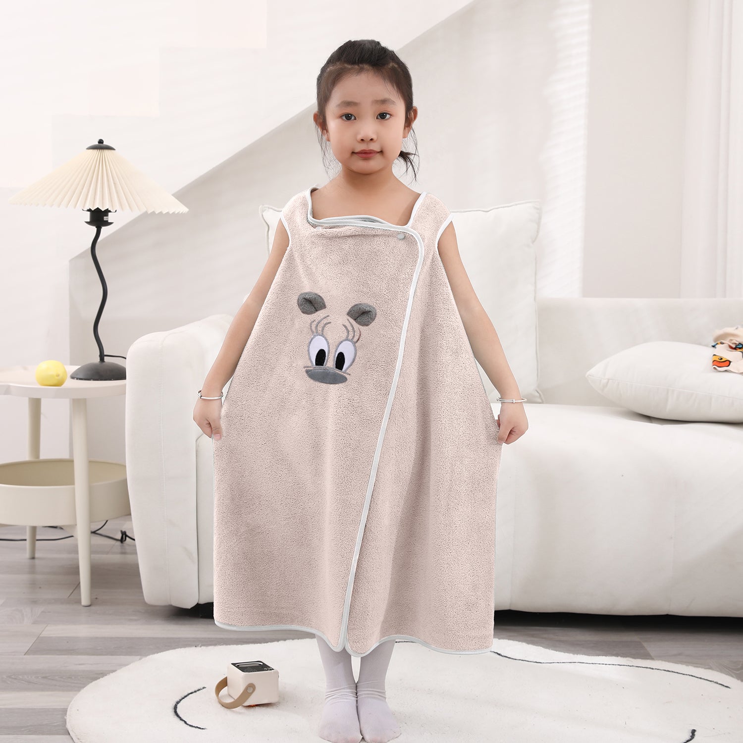 HOUSSE Cat Face Bath Dress for Kids 350 GSM – Wearable Spa Bathdress (65×110 cm) Soft Absorbent Quick-Dry Wrapped Bath Dress for Girls Age (7-9 Years) Gift for Daughter- Ivory Sand