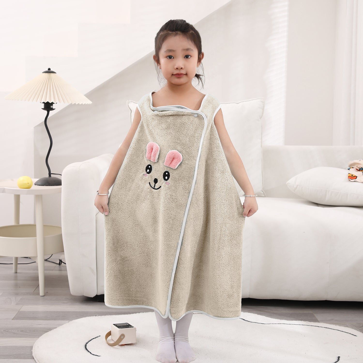 HOUSSE Cat Face Bath Dress for Kids 350 GSM – Wearable Spa Bathdress (65×110 cm) Soft Absorbent Quick-Dry Wrapped Bath Dress for Girls Age (7-9 Years) Gift for Daughter- Ivory Sand