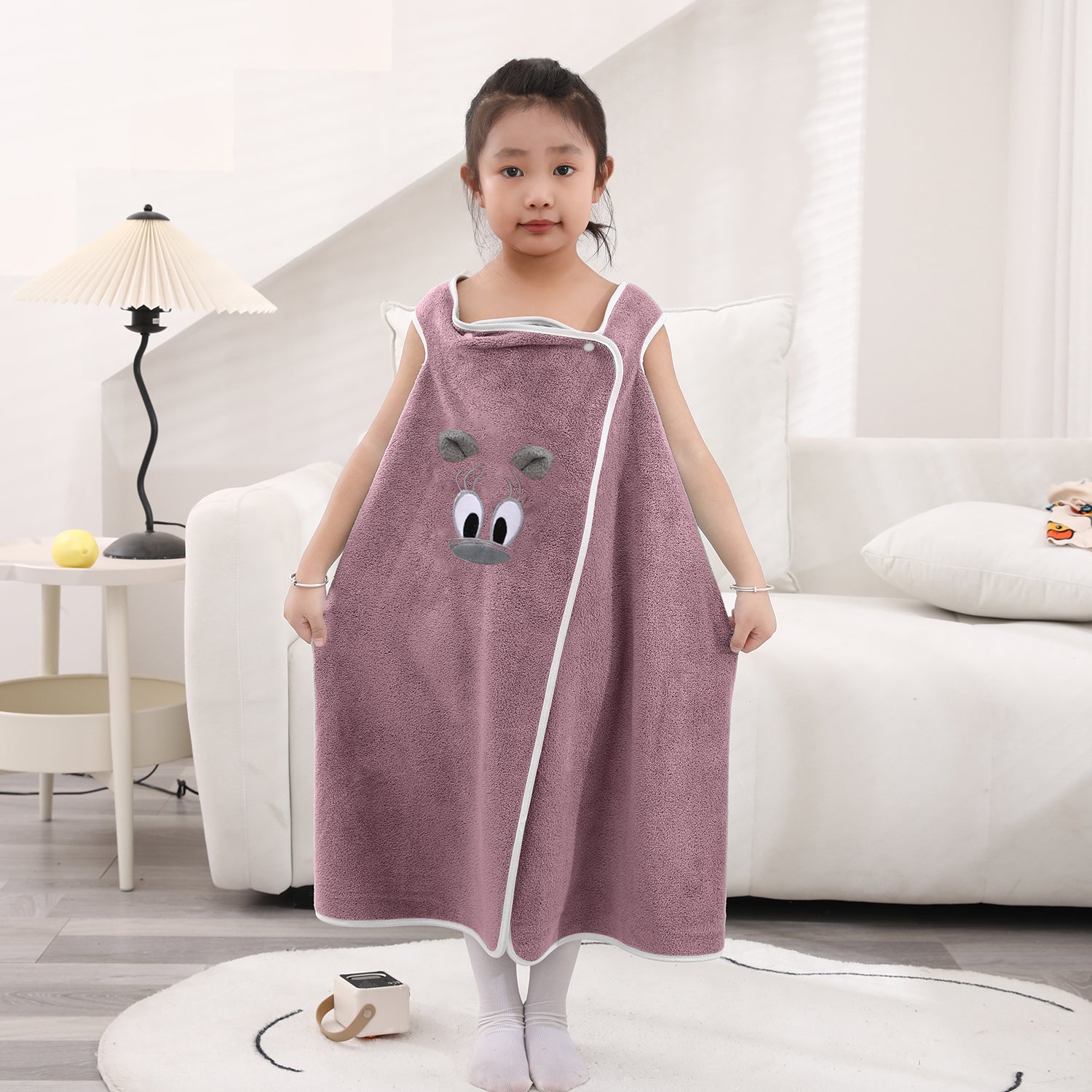 HOUSSE Cat Face Bath Dress for Kids 350 GSM – Wearable Spa Bathdress (65×110 cm) Soft Absorbent Quick-Dry Wrapped Bath Dress for Girls Age (7-9 Years) Gift for Daughter- Ivory Sand