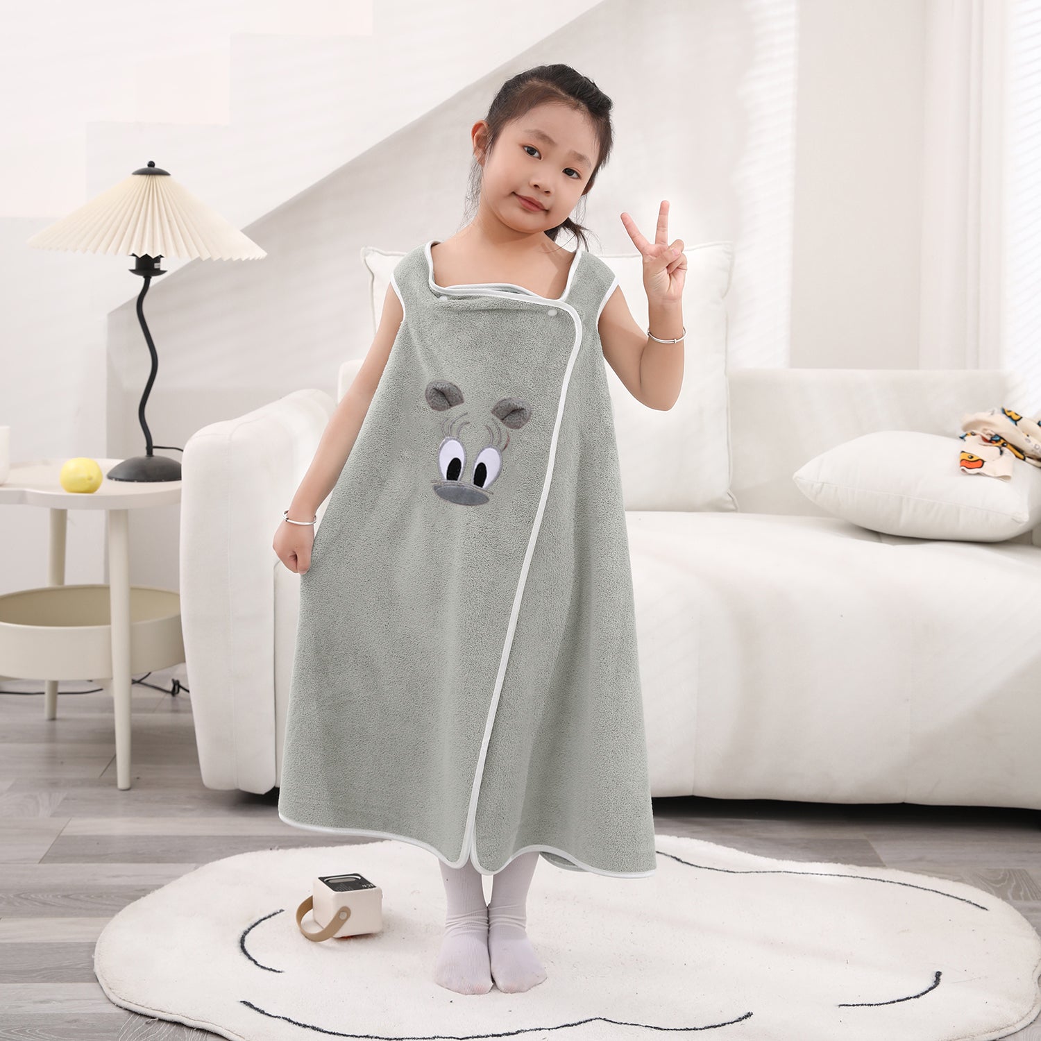 HOUSSE Cat Face Bath Dress for Kids 350 GSM – Wearable Spa Bathdress (65×110 cm) Soft Absorbent Quick-Dry Wrapped Bath Dress for Girls Age (7-9 Years) Gift for Daughter- Ivory Sand
