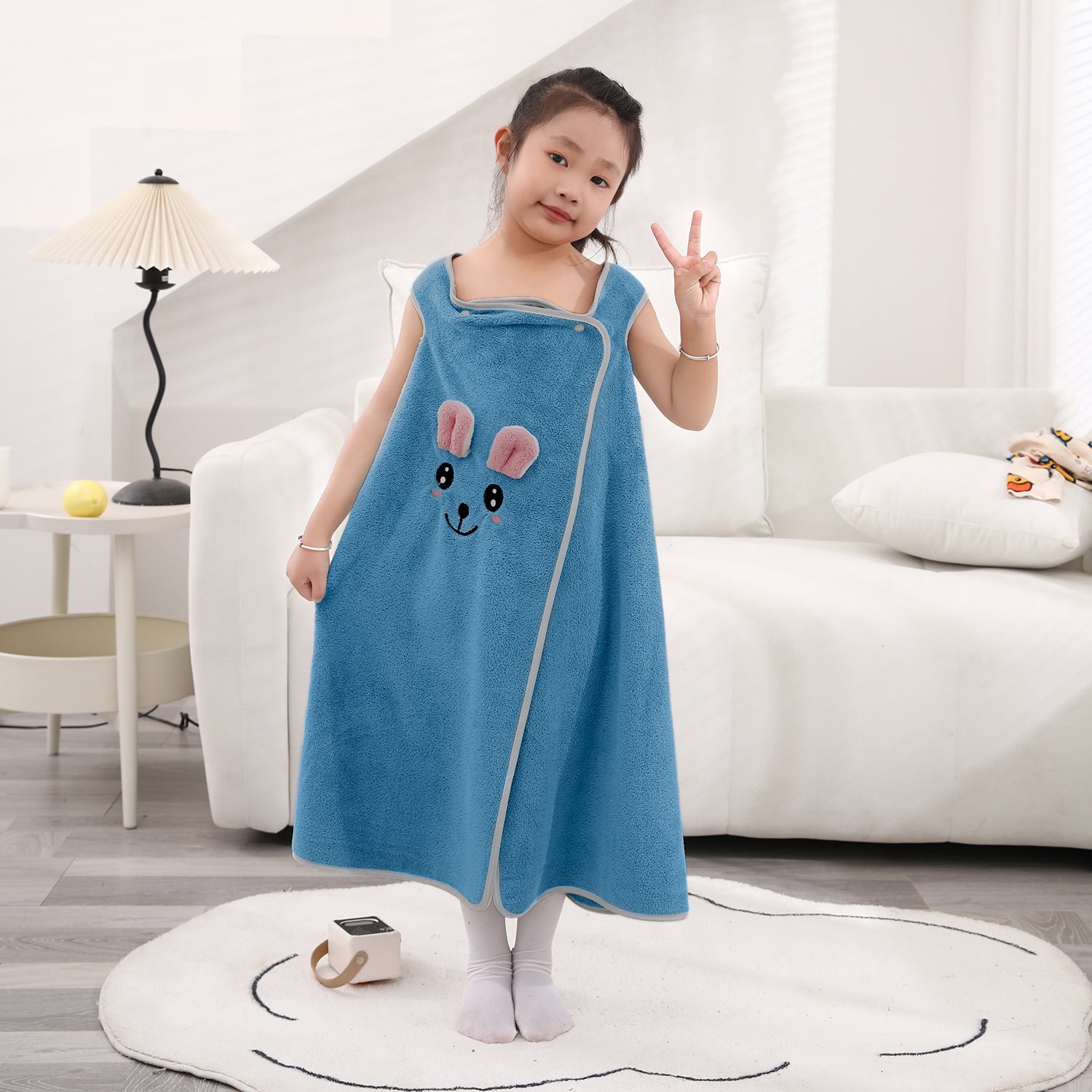 HOUSSE Cat Face Bath Dress for Kids 350 GSM – Wearable Spa Bathdress (65×110 cm) Soft Absorbent Quick-Dry Wrapped Bath Dress for Girls Age (7-9 Years) Gift for Daughter- Ivory Sand