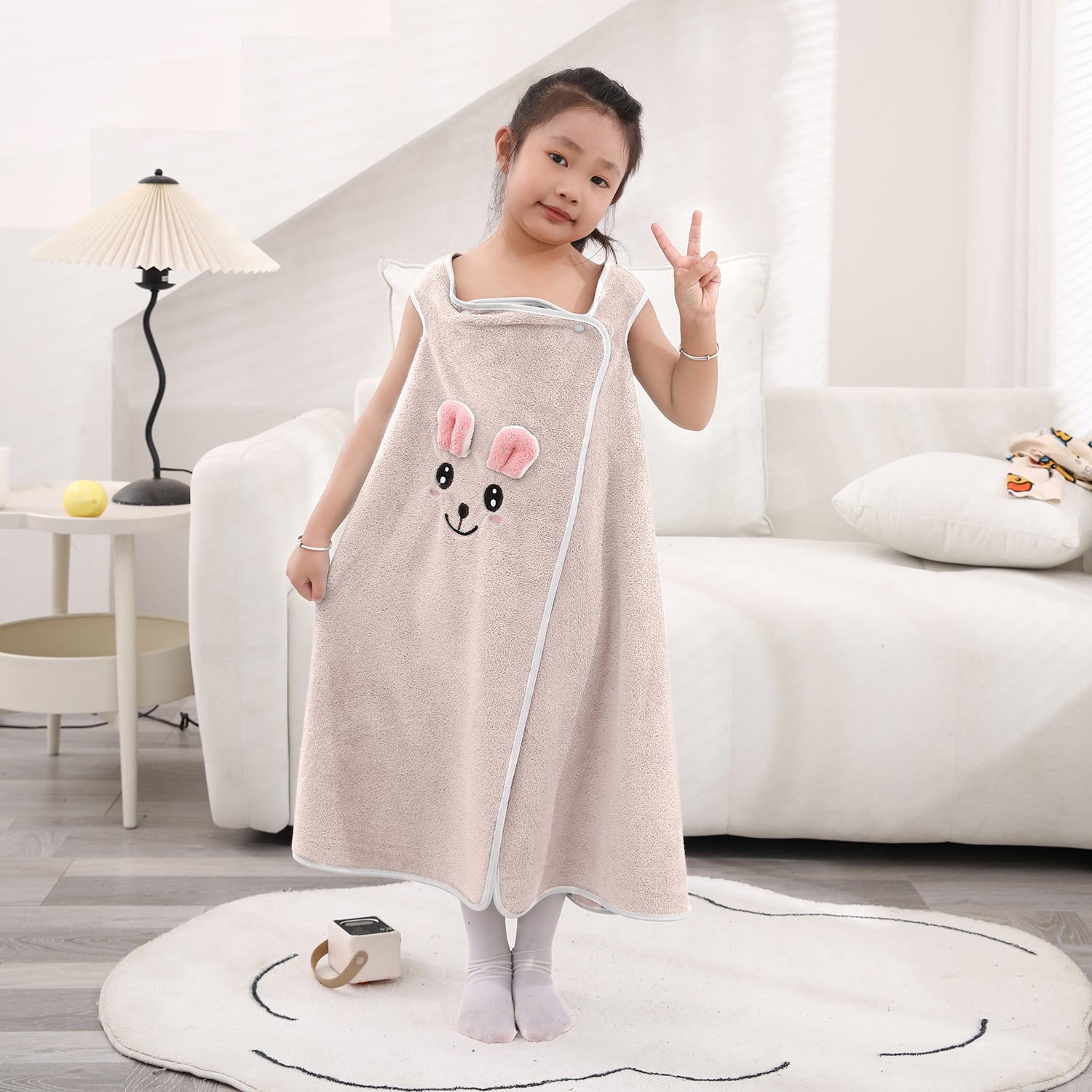 HOUSSE Cat Face Bath Dress for Kids 350 GSM – Wearable Spa Bathdress (65×110 cm) Soft Absorbent Quick-Dry Wrapped Bath Dress for Girls Age (7-9 Years) Gift for Daughter- Ivory Sand