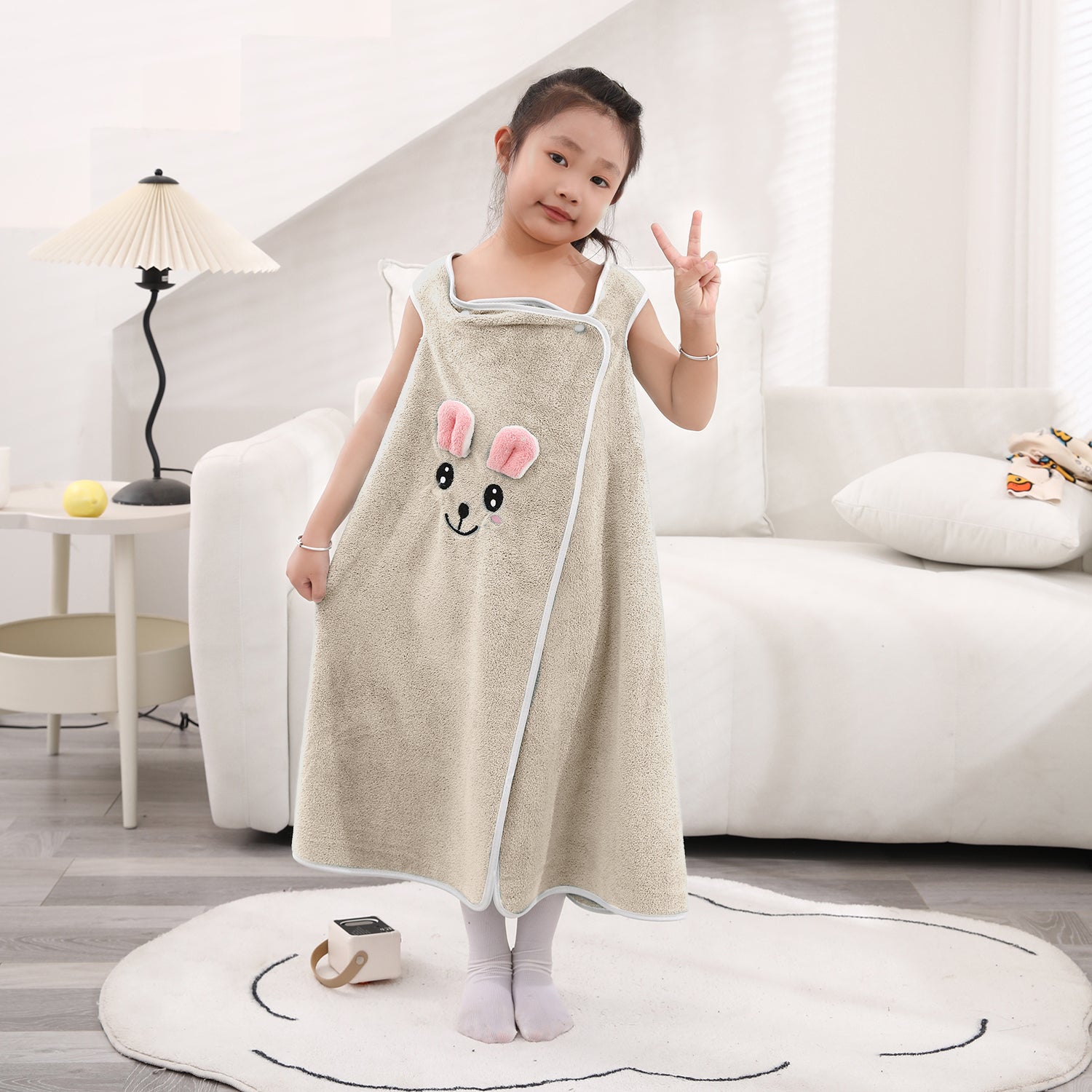 HOUSSE Cat Face Bath Dress for Kids 350 GSM – Wearable Spa Bathdress (65×110 cm) Soft Absorbent Quick-Dry Wrapped Bath Dress for Girls Age (7-9 Years) Gift for Daughter- Ivory Sand
