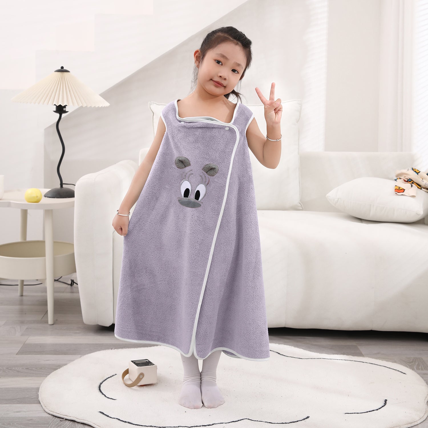 HOUSSE Cat Face Bath Dress for Kids 350 GSM – Wearable Spa Bathdress (65×110 cm) Soft Absorbent Quick-Dry Wrapped Bath Dress for Girls Age (7-9 Years) Gift for Daughter- Ivory Sand