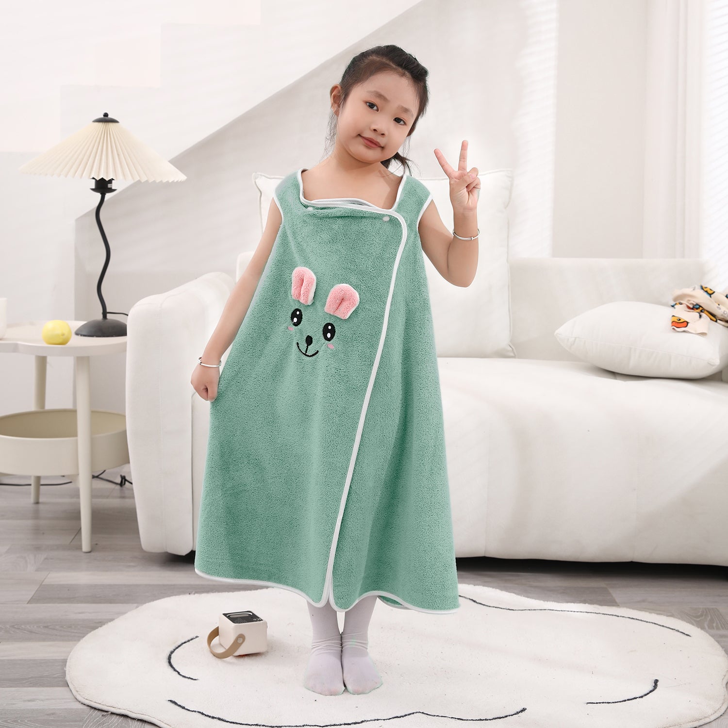 HOUSSE Cat Face Bath Dress for Kids 350 GSM – Wearable Spa Bathdress (65×110 cm) Soft Absorbent Quick-Dry Wrapped Bath Dress for Girls Age (7-9 Years) Gift for Daughter- Ivory Sand