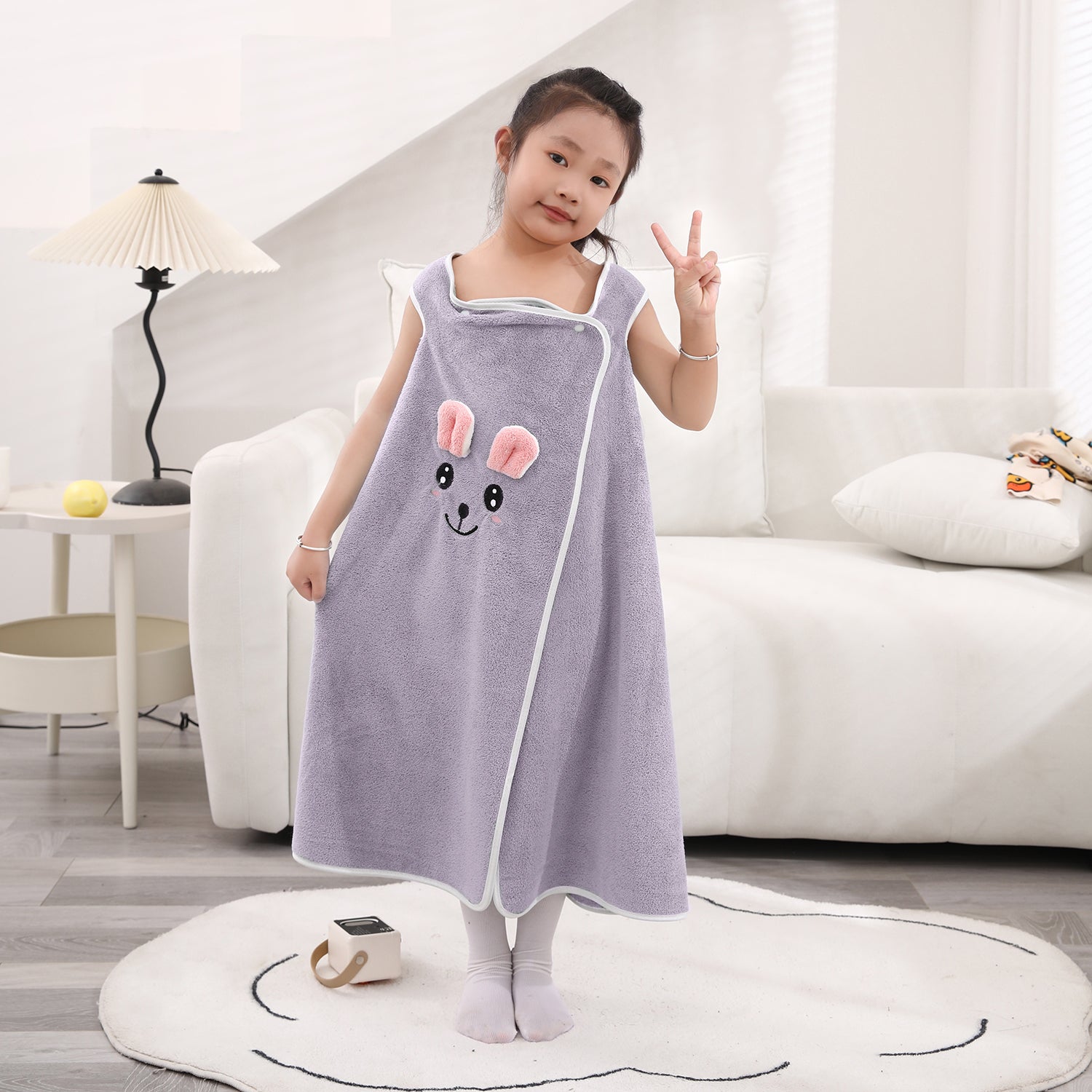 HOUSSE Cat Face Bath Dress for Kids 350 GSM – Wearable Spa Bathdress (65×110 cm) Soft Absorbent Quick-Dry Wrapped Bath Dress for Girls Age (7-9 Years) Gift for Daughter- Ivory Sand