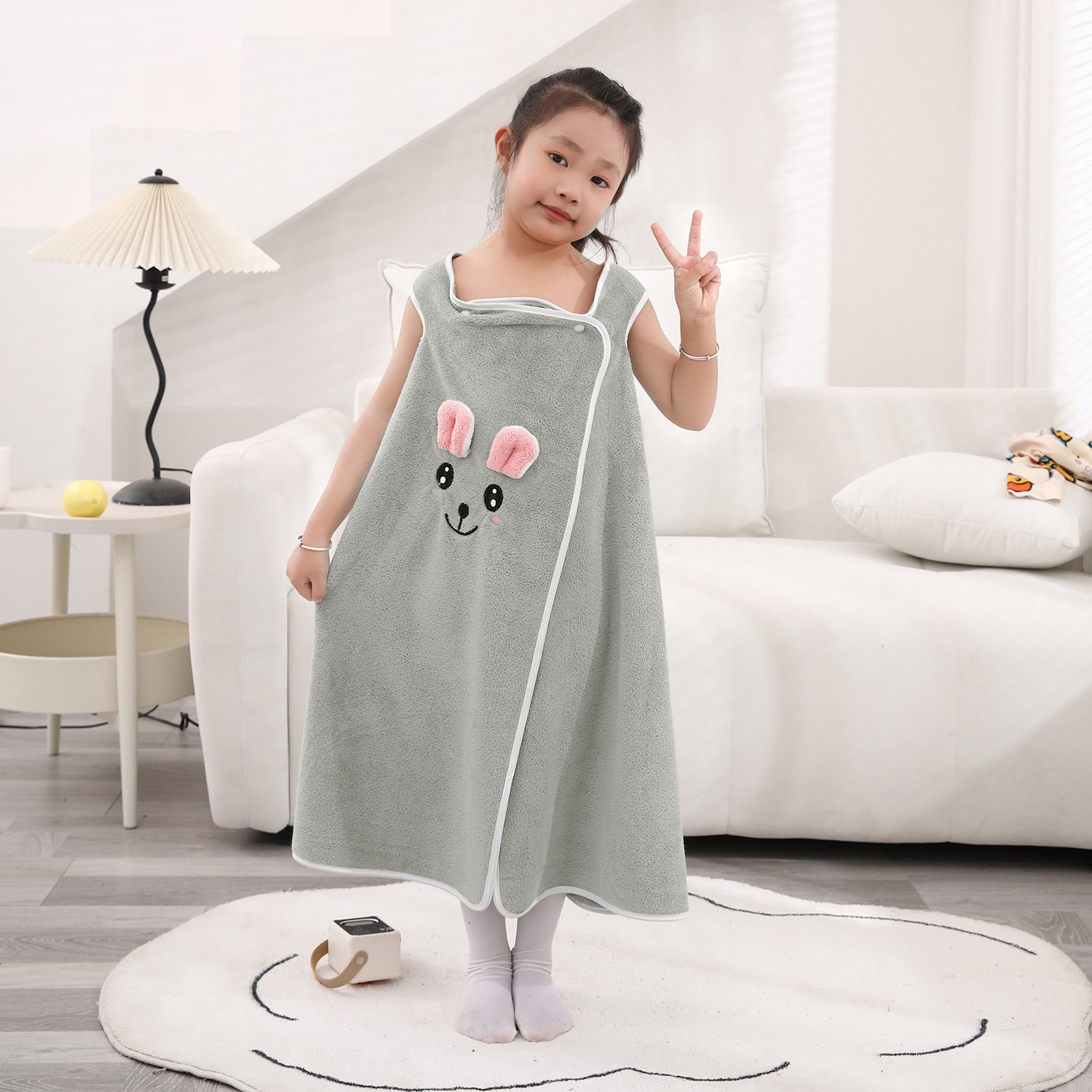 HOUSSE Cat Face Bath Dress for Kids 350 GSM – Wearable Spa Bathdress (65×110 cm) Soft Absorbent Quick-Dry Wrapped Bath Dress for Girls Age (7-9 Years) Gift for Daughter- Ivory Sand