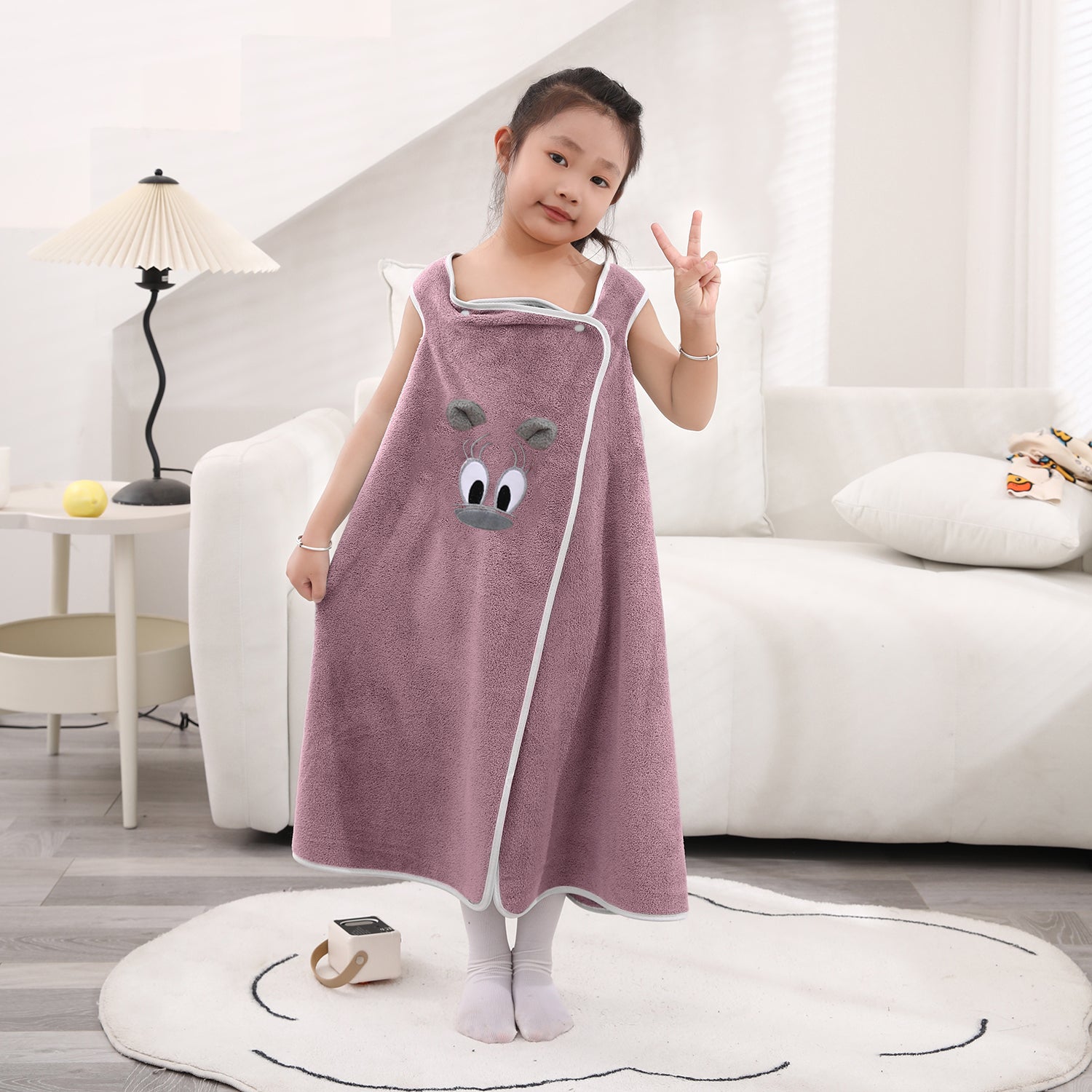 HOUSSE Cat Face Bath Dress for Kids 350 GSM – Wearable Spa Bathdress (65×110 cm) Soft Absorbent Quick-Dry Wrapped Bath Dress for Girls Age (7-9 Years) Gift for Daughter- Ivory Sand