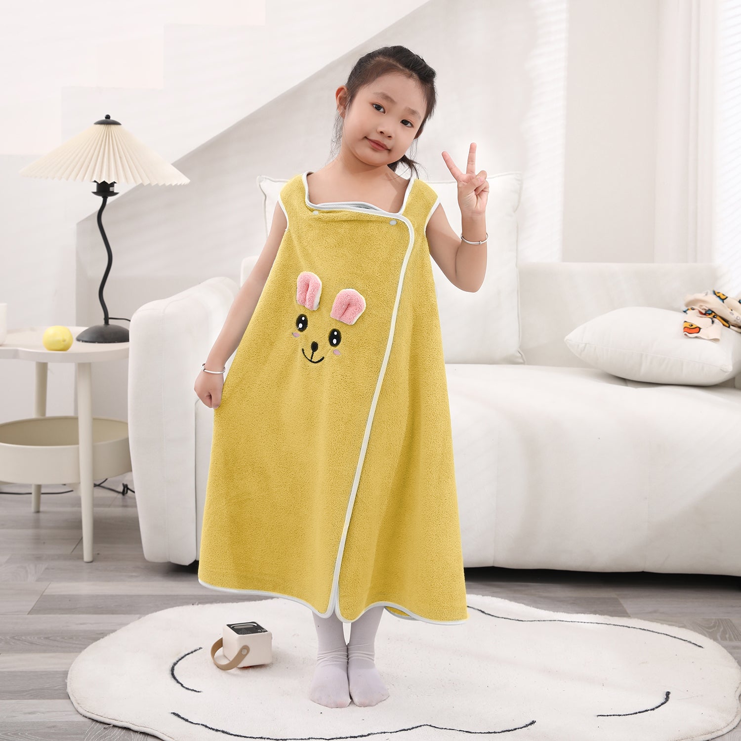 HOUSSE Cat Face Bath Dress for Kids 350 GSM – Wearable Spa Bathdress (65×110 cm) Soft Absorbent Quick-Dry Wrapped Bath Dress for Girls Age (7-9 Years) Gift for Daughter- Ivory Sand
