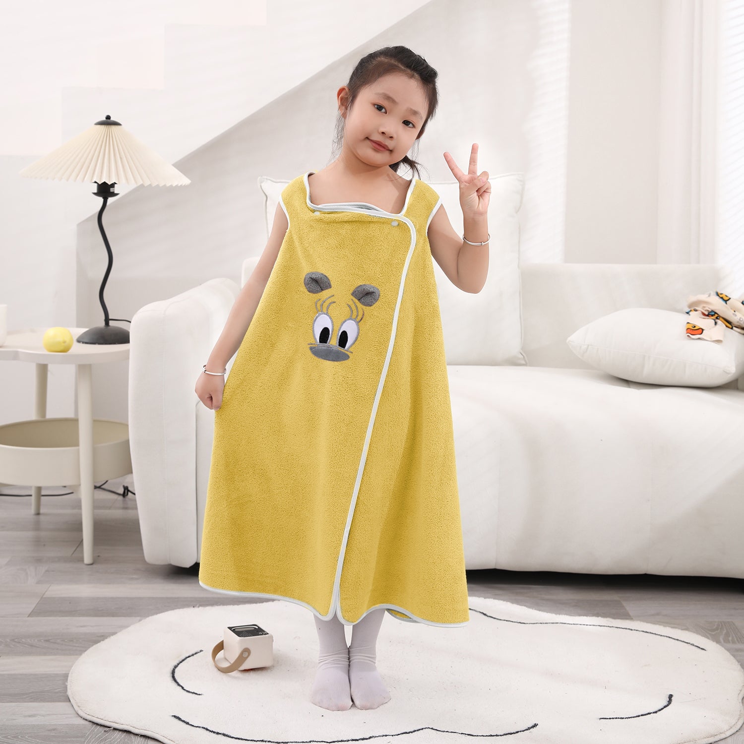 HOUSSE Cat Face Bath Dress for Kids 350 GSM – Wearable Spa Bathdress (65×110 cm) Soft Absorbent Quick-Dry Wrapped Bath Dress for Girls Age (7-9 Years) Gift for Daughter- Ivory Sand