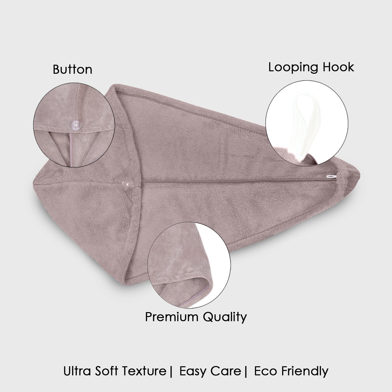 HOUSSE Microfibre Head Towels | 400 GSM High Absorbent Hair Wrap with Adjustable Buttons for Girls | Super Soft & Quick Dry Wrap Towel for Hairs | Set of 2 | 25x65 cm (Desert Sand & Rose Taupe)