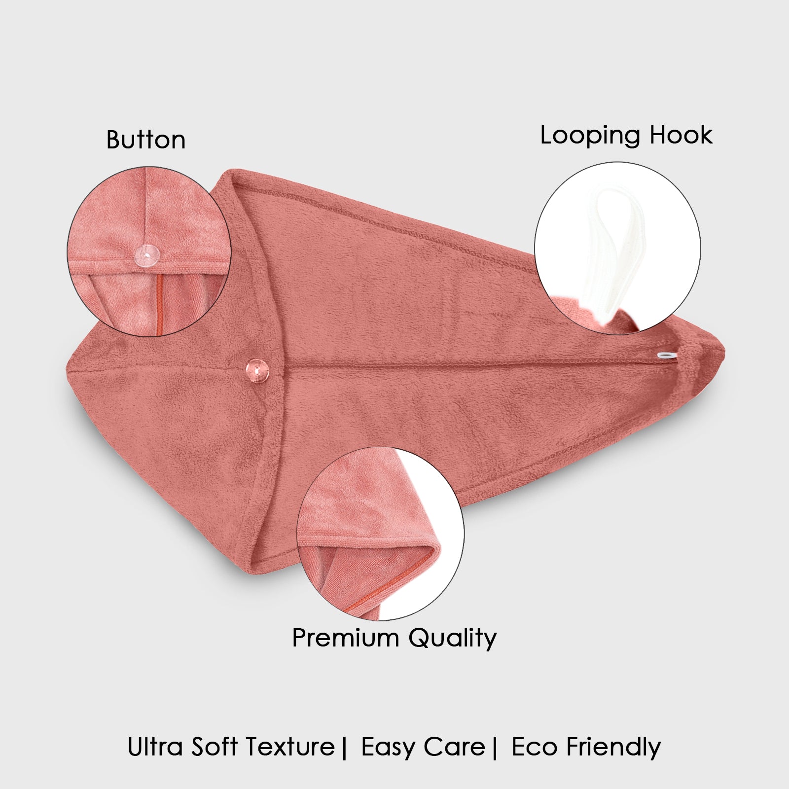 HOUSSE Microfibre Head Towels | 400 GSM High Absorbent Hair Wrap with Adjustable Buttons for Girls | Super Soft & Quick Dry Wrap Towel for Hairs | Set of 2 | 25x65 cm (Desert Sand & Rose Taupe)