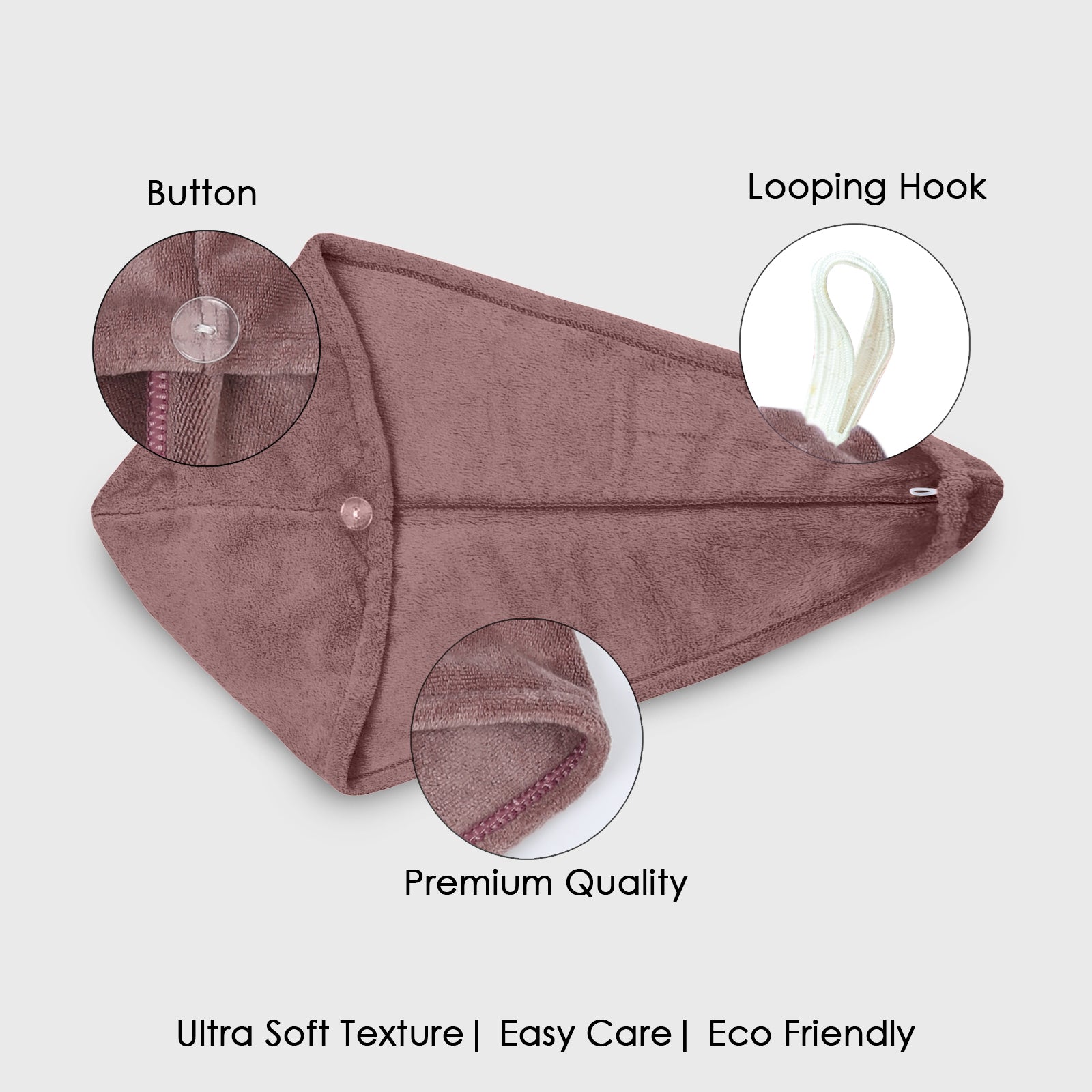 HOUSSE Microfibre Head Towels | 450 GSM High Absorbent Hair Wrap with Adjustable Buttons for Girls | Super Soft & Quick Dry Wrap Towel for Hairs | Pack of 1 | 25x65 cm (Red Plum)