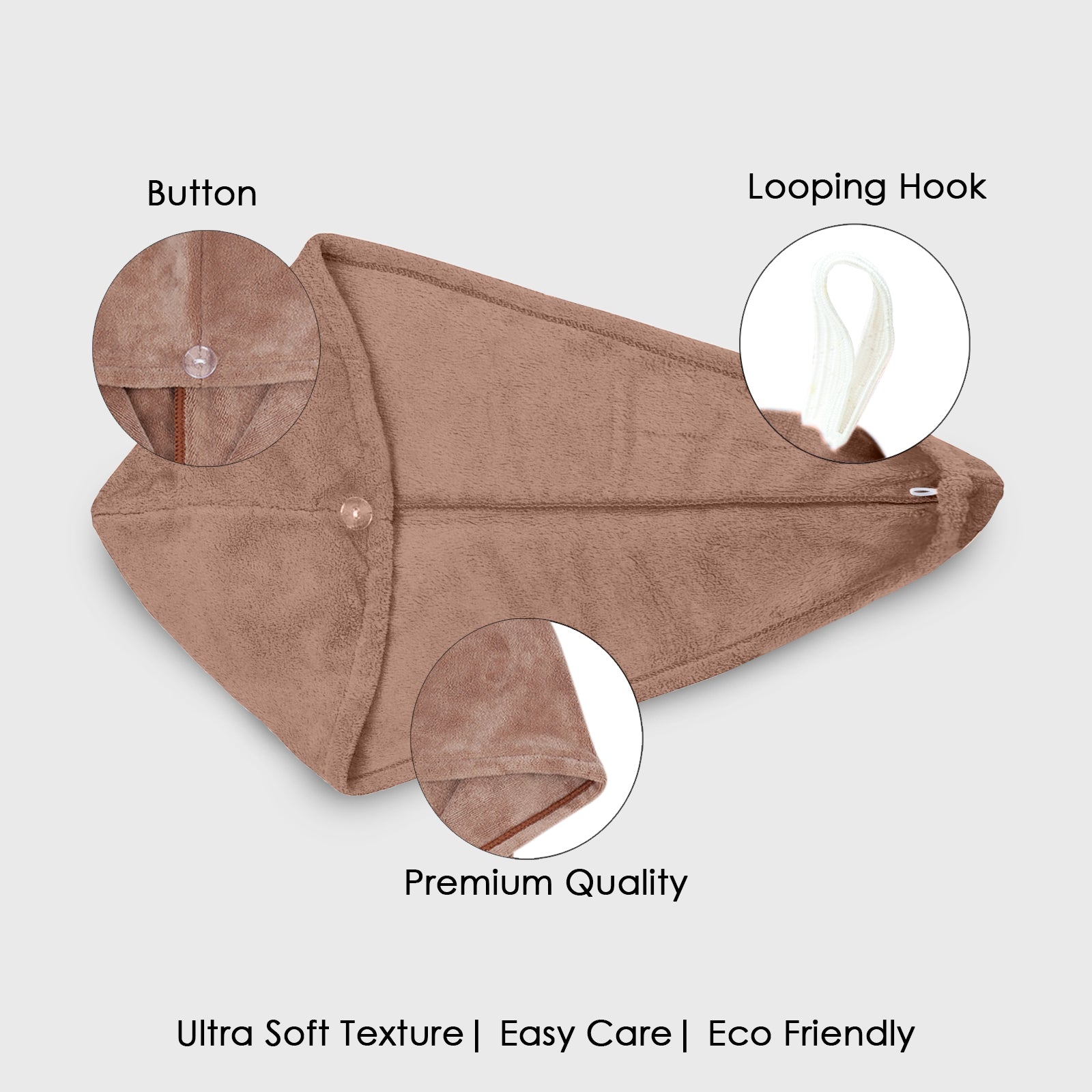 HOUSSE Microfibre Head Towels | 400 GSM High Absorbent Hair Wrap with Adjustable Buttons for Girls | Super Soft & Quick Dry Wrap Towel for Hairs | Set of 2 | 25x65 cm (Desert Sand & Rose Taupe)