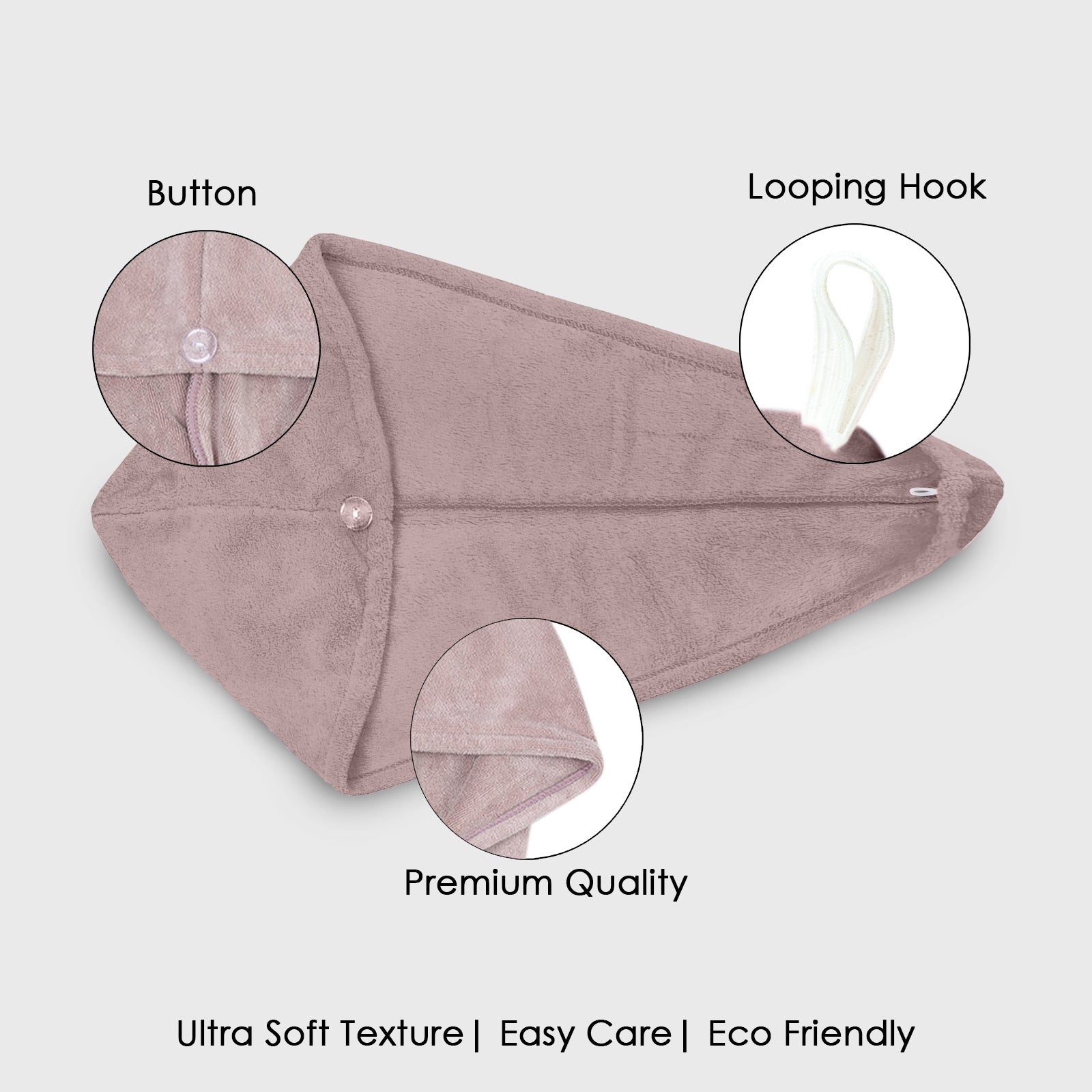 HOUSSE Microfibre Head Towels | 400 GSM High Absorbent Hair Wrap with Adjustable Buttons for Girls | Super Soft & Quick Dry Wrap Towel for Hairs | Set of 2 | 25x65 cm (Desert Sand & Rose Taupe)