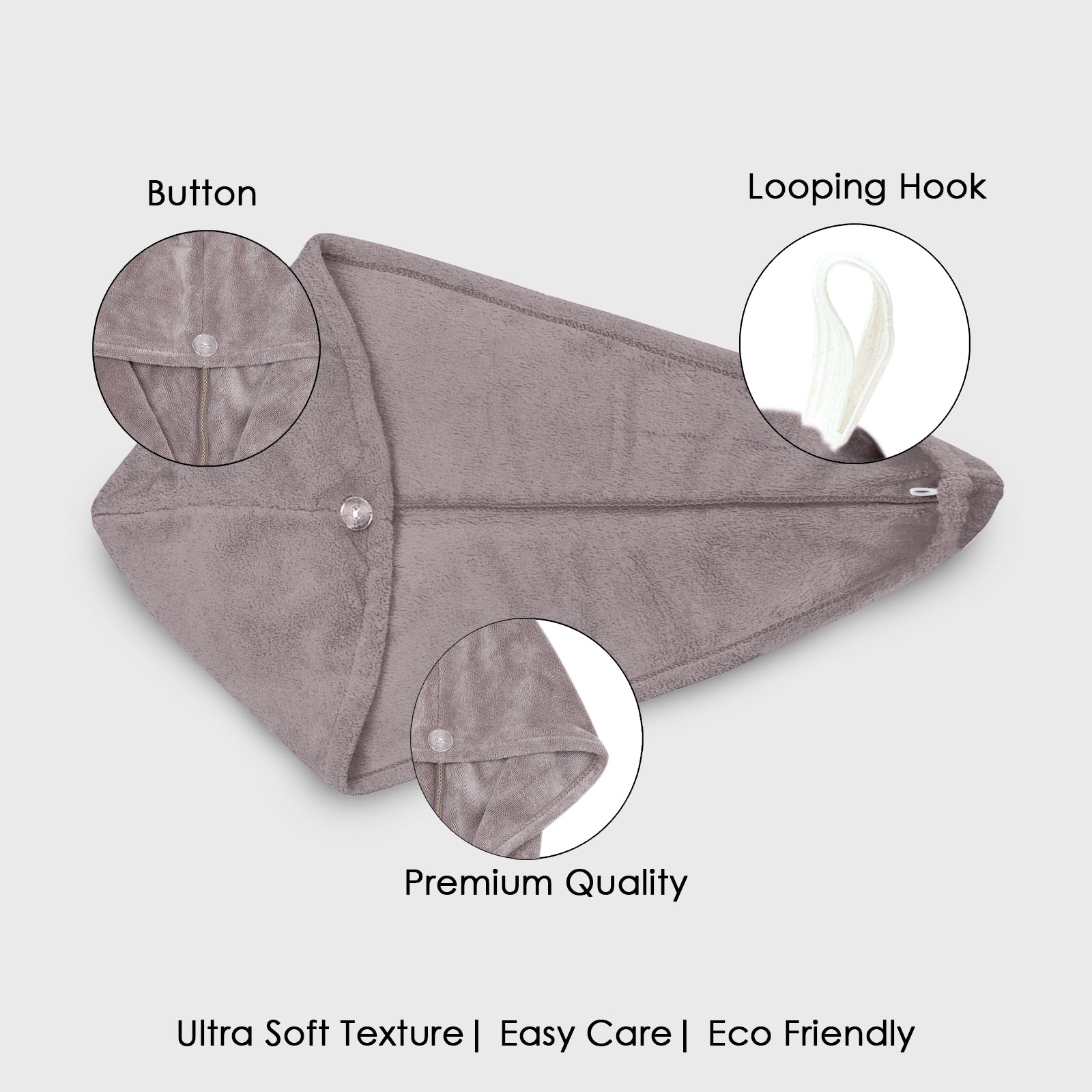 HOUSSE Microfibre Head Towels | 400 GSM High Absorbent Hair Wrap with Adjustable Buttons for Girls | Super Soft & Quick Dry Wrap Towel for Hairs | Set of 2 | 25x65 cm (Desert Sand & Rose Taupe)